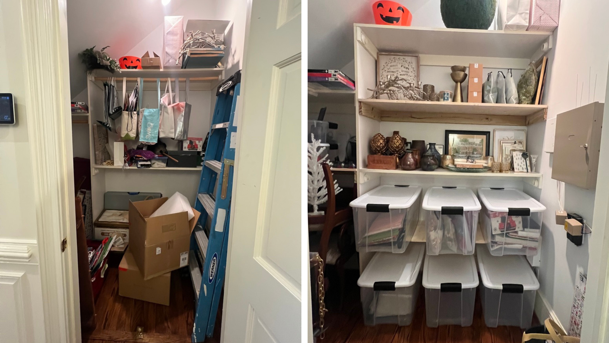 Before and after of coat closet transformed with added shelves for décor, gift wrap, and keepsake storage