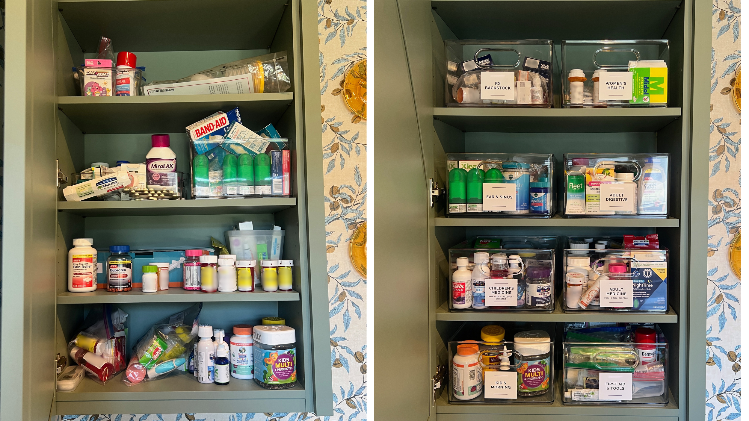 Before and after of a medicine cabinet organized by a professional organizer, featuring clear labeled bins for adult medicine, children’s medicine, and first aid categories.