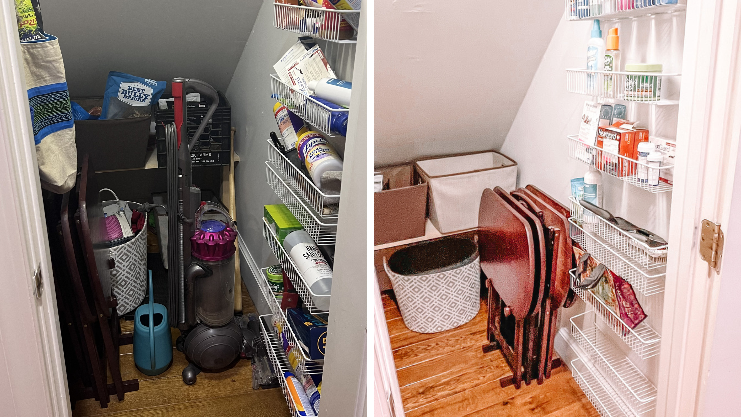 Before and after of a cleaning closet organized by a professional organizer, with wall mounted wire shelving holding everyday essentials and wooden tv trays on the floor.