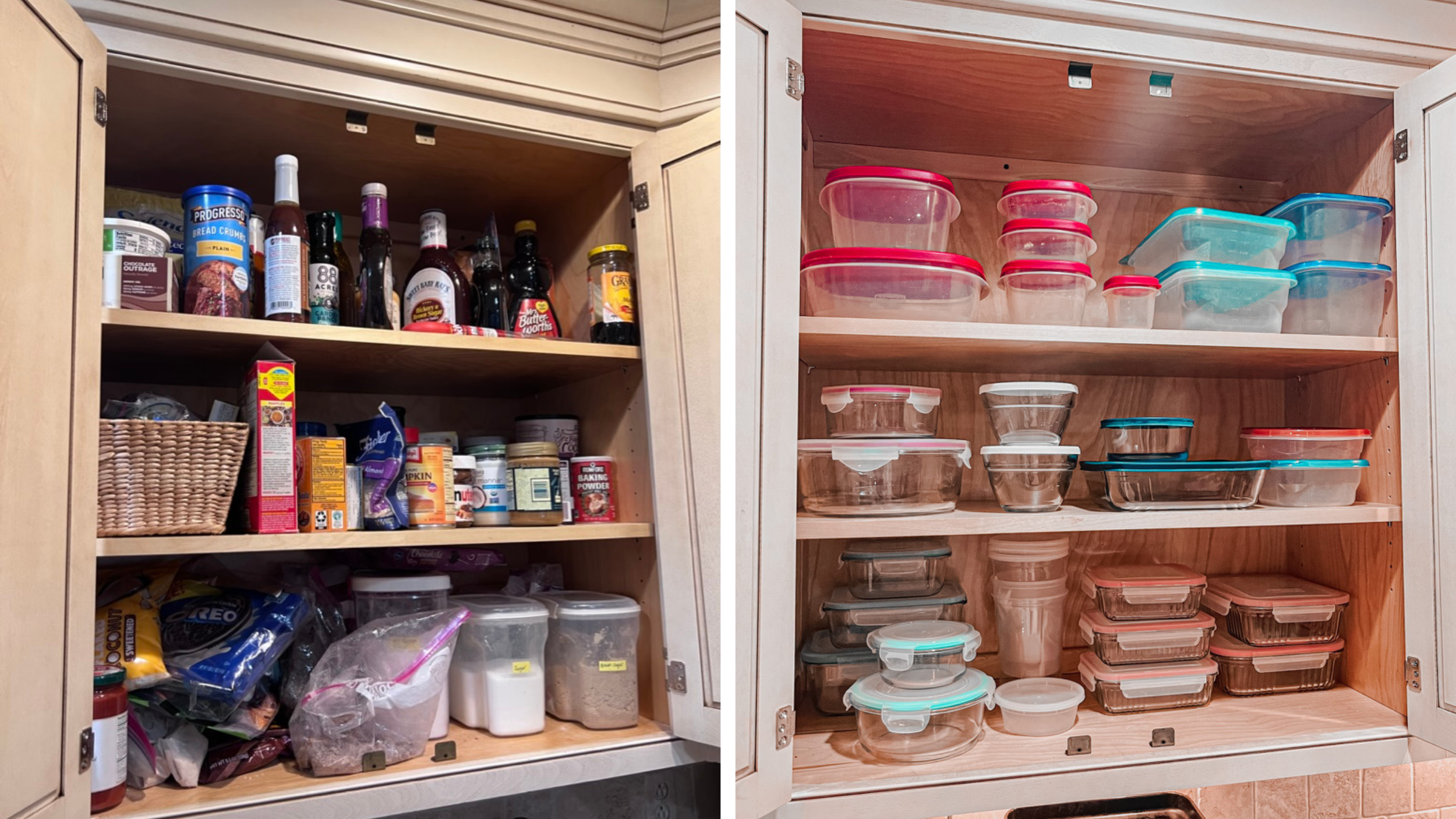 Before and after of a kitchen cabinet organization project showing cluttered pantry shelves transformed into neatly arranged food containers and categorized storage.