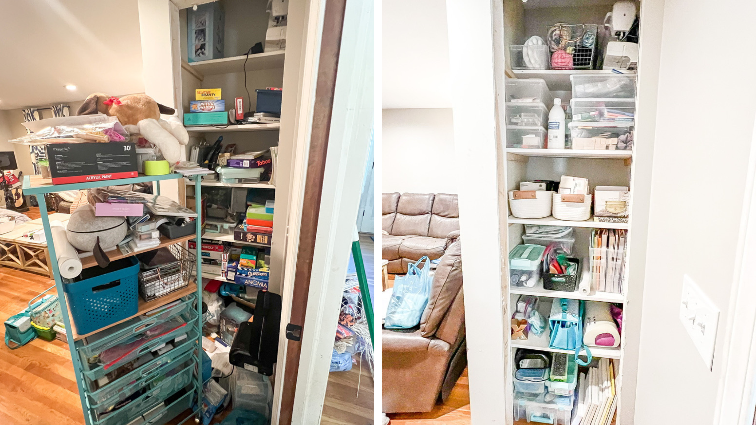 Before and after of a narrow living room storage closet converted from overcrowded shelving into neatly labeled bins and streamlined vertical organization.
