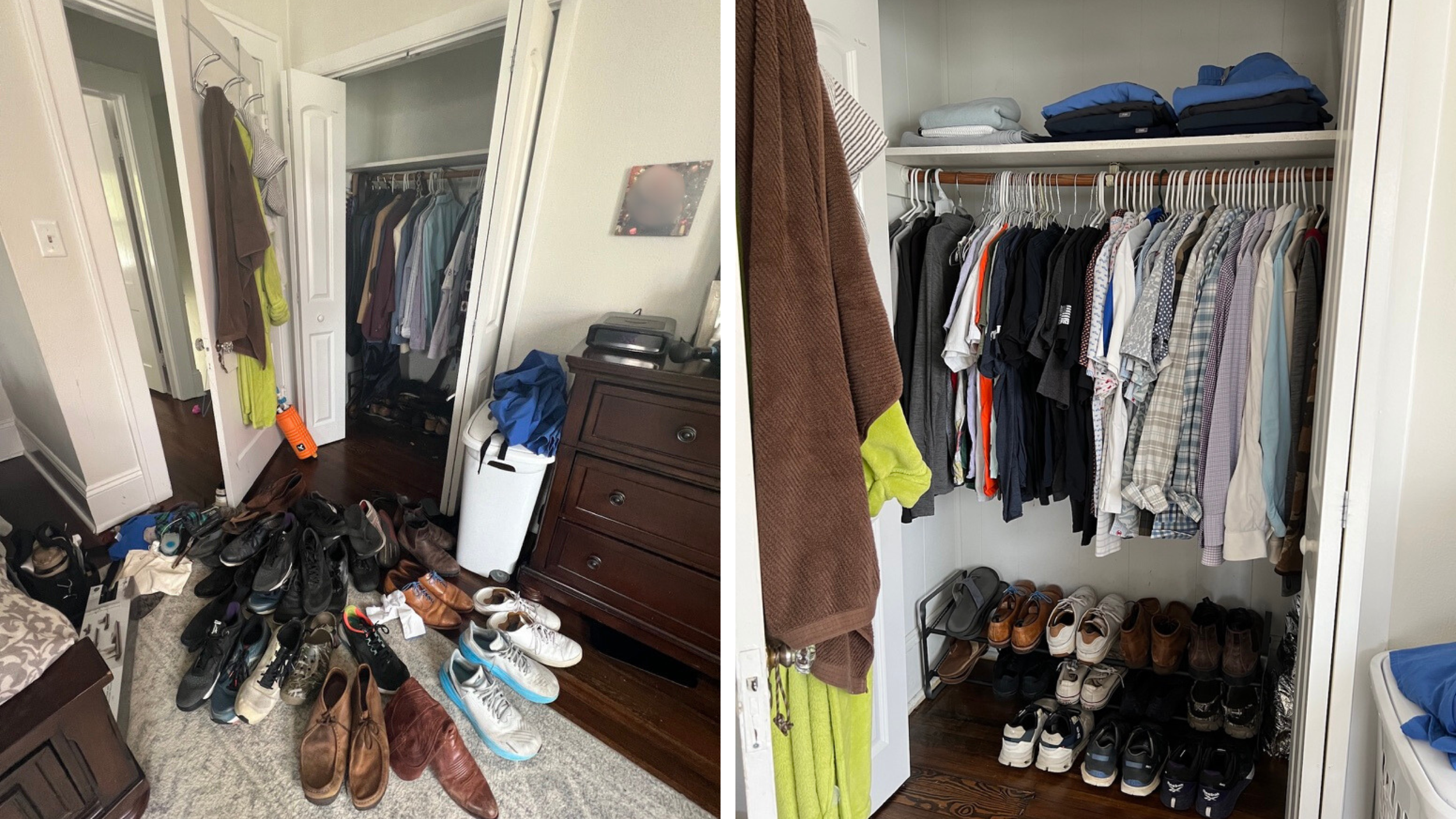 Before and after of a bedroom closet decluttering project featuring scattered shoes and crowded clothing transformed into organized hanging garments and structured shoe storage.