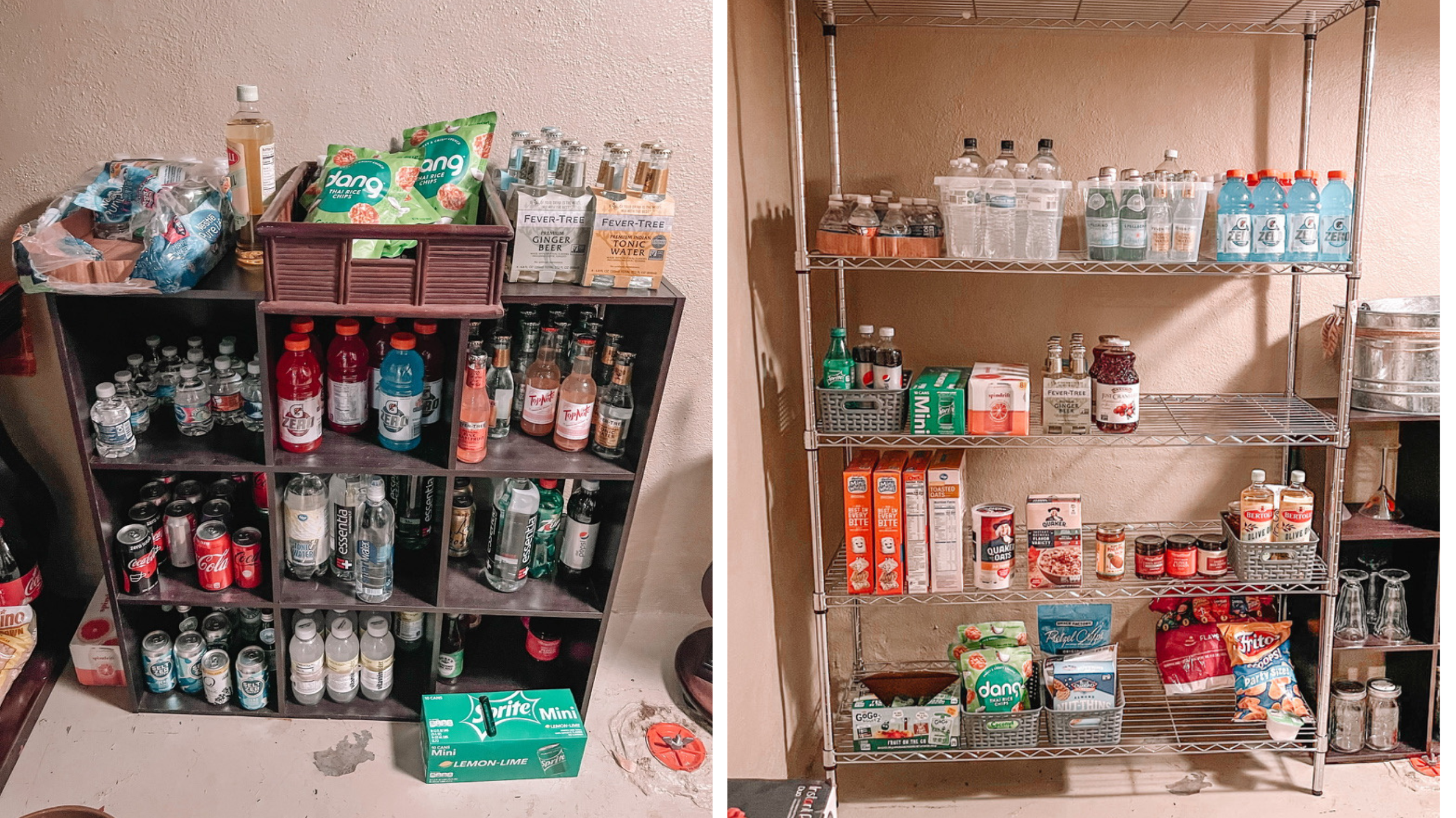Before and after of a beverage and snack storage space reorganized from overcrowded shelving into clean, categorized drink and pantry organization with clear containers.