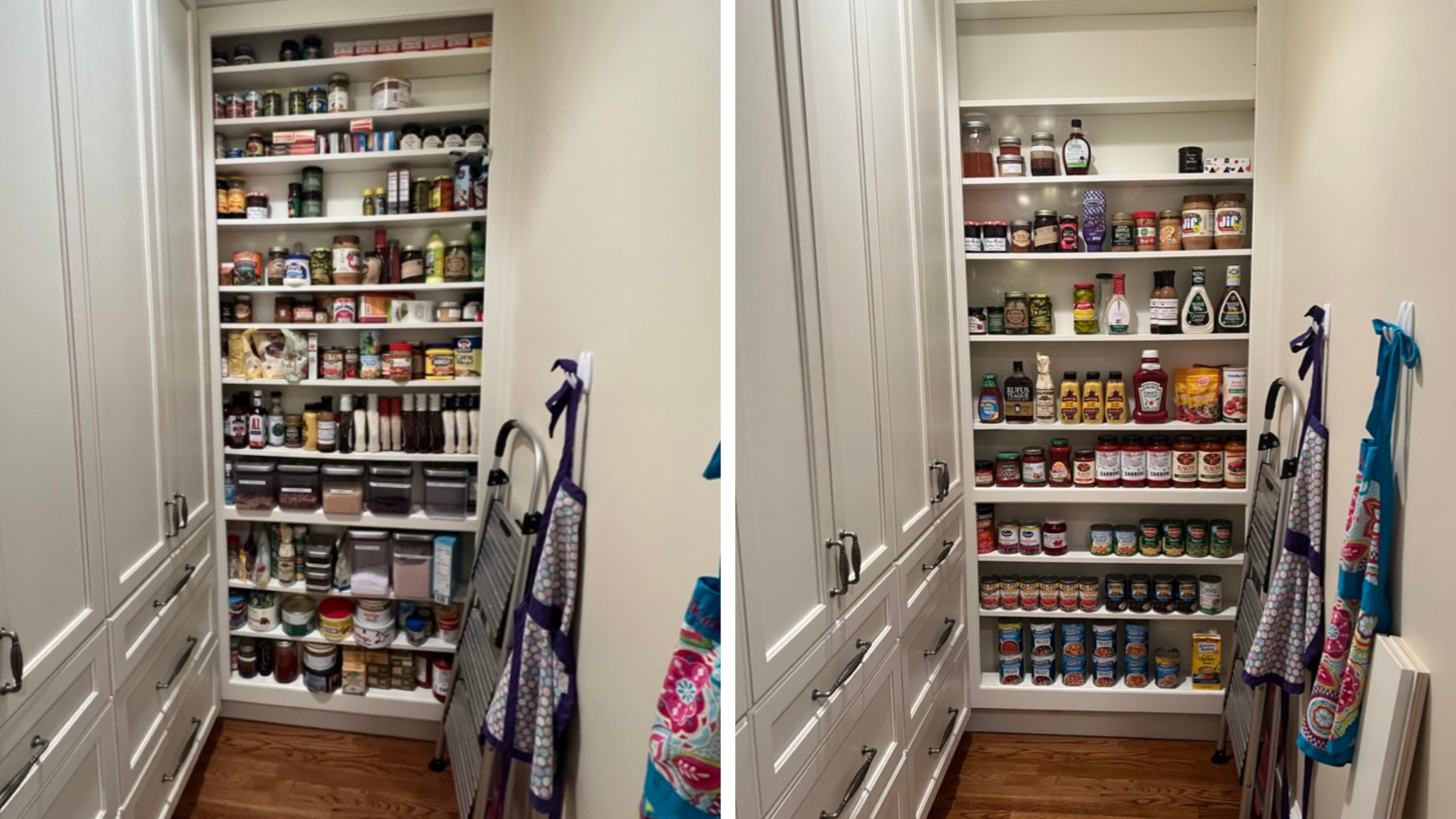 Before and after pantry organization with categorized shelves, decanted containers, and labeled bins for food storage and dry goods.