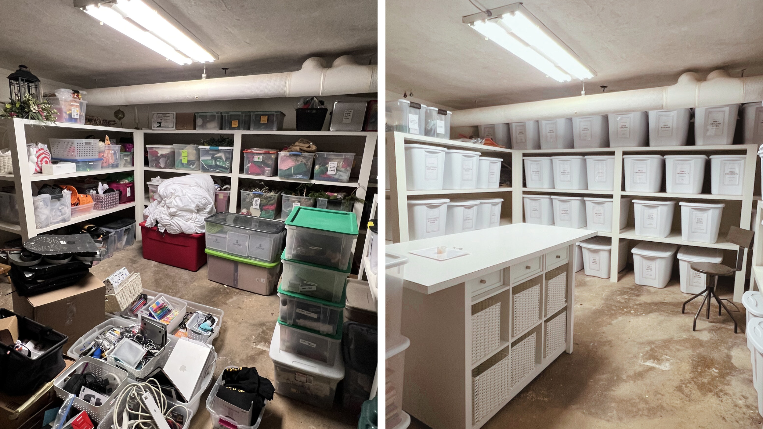 Basement storage room before and after professional organizing, transformed with uniform labeled bins and structured shelving for long-term organization.