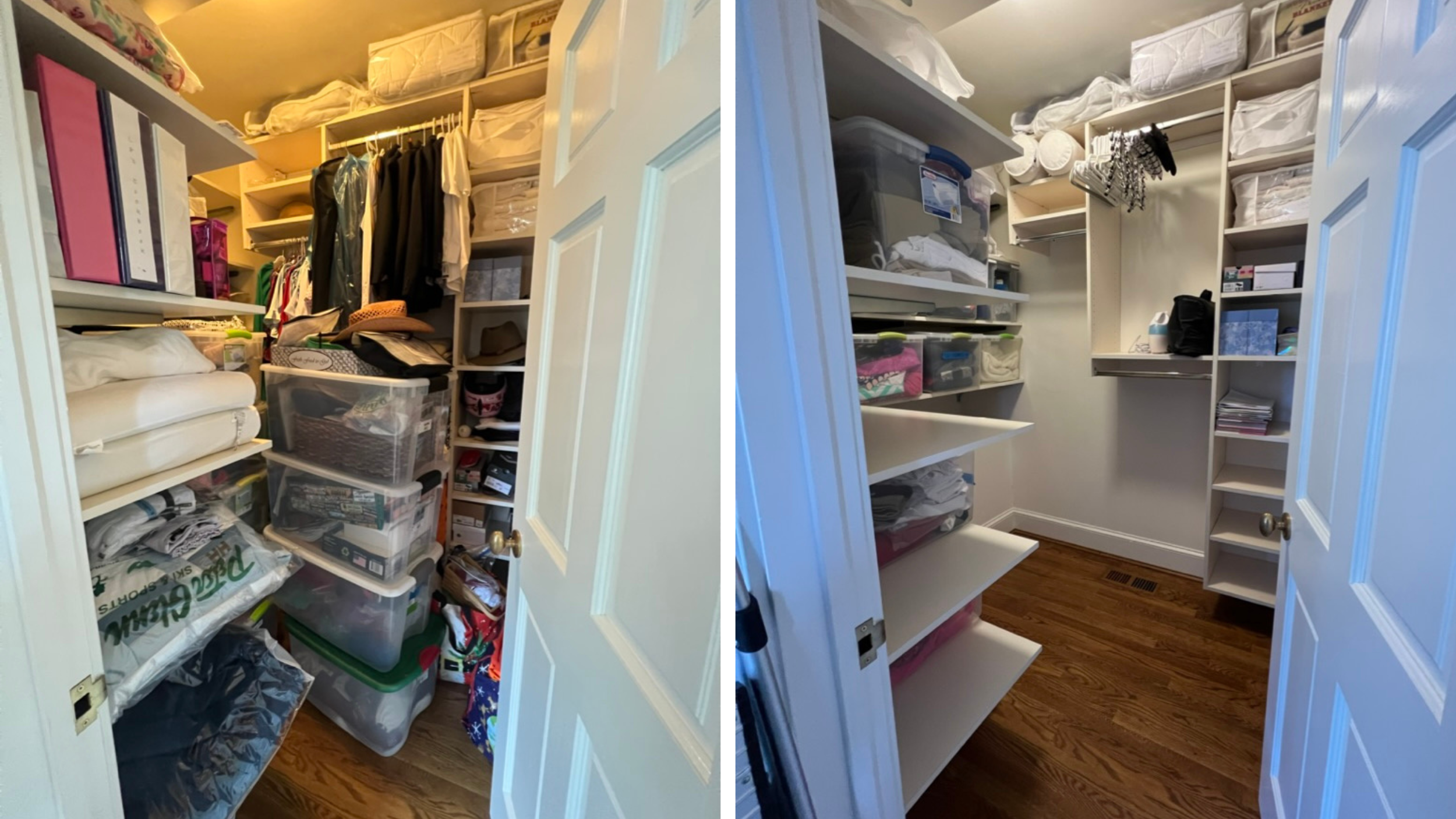 Closet organization before and after with custom shelving, folded linens, and categorized storage bins for improved functionality.