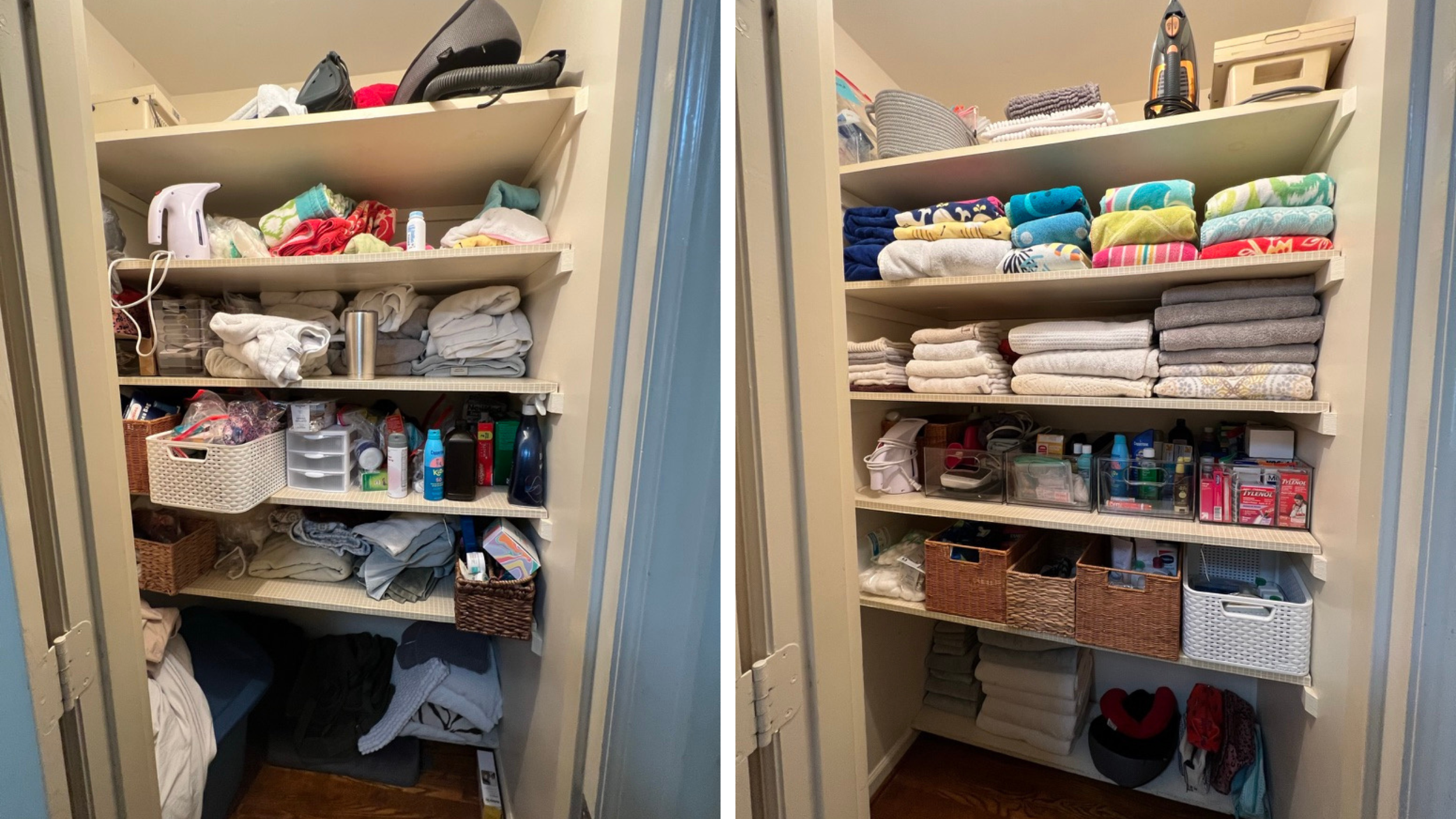 Linen closet before and after organized with folded towels, clear containers, and designated zones for household essentials.