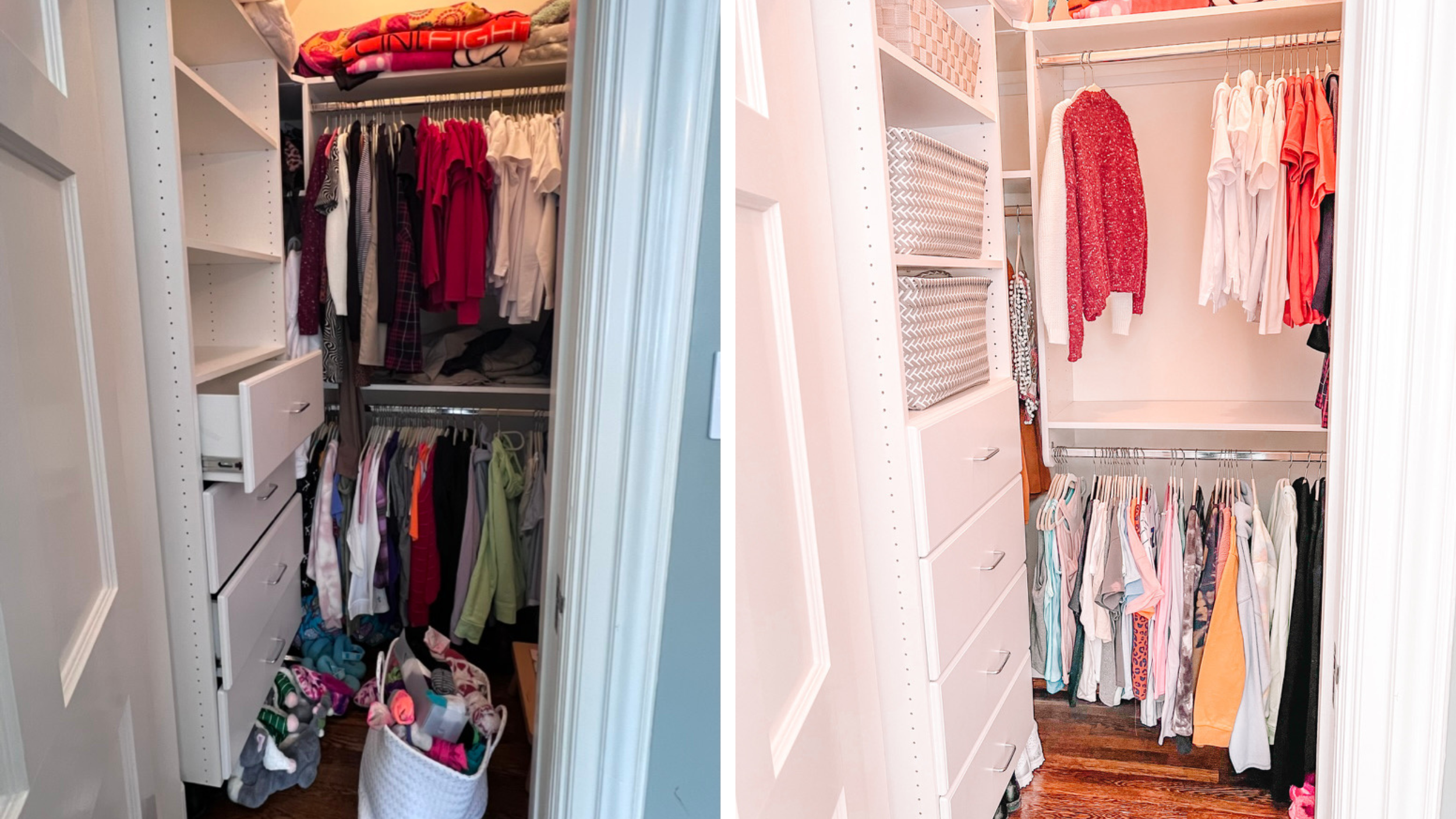 Walk-in closet before and after professional organizing with color-coordinated clothing, streamlined shelving, and optimized storage layout.