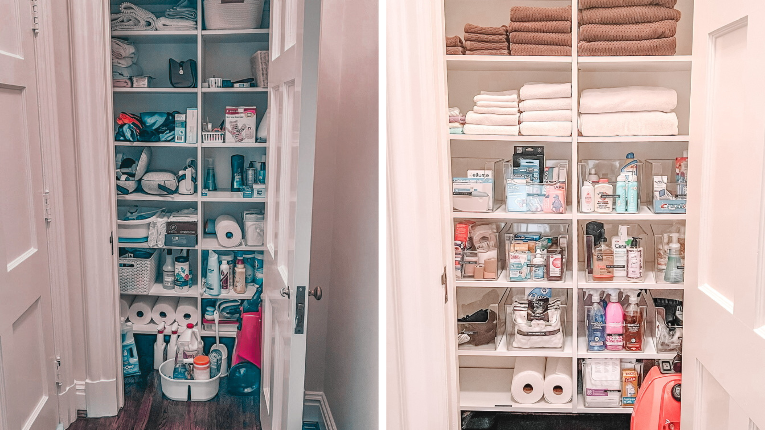 Linen closet before and after organized with folded towels, labeled containers, and designated zones for household essentials.