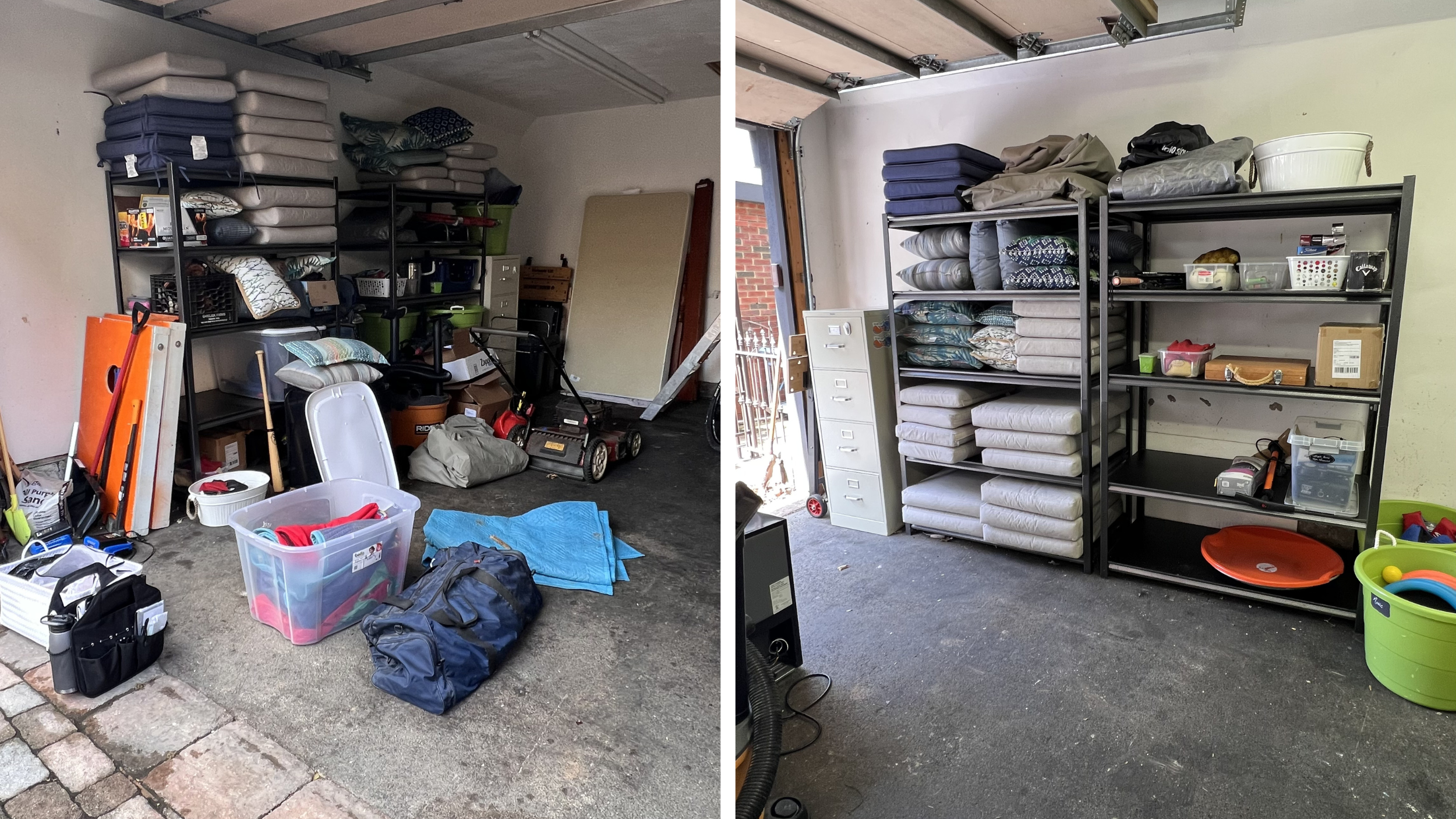 Garage before and after professional organizing with consolidated storage, stacked shelving, and categorized household items.