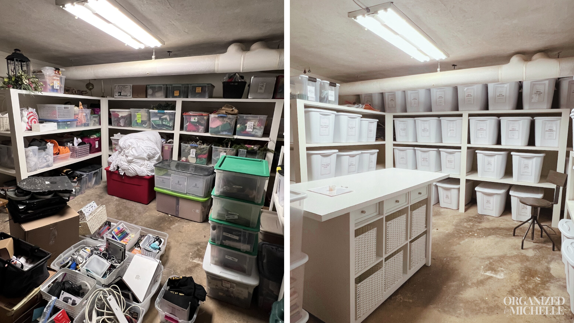Before-and-after craft room organization by Organized by Michelle, with cluttered storage transformed into organized shelving and cabinets.