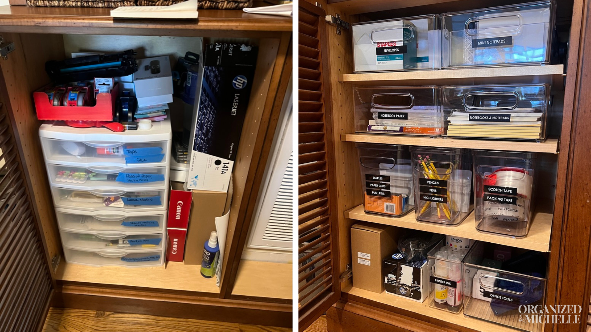 Before-and-after cabinet organization by Organized by Michelle, with household supplies arranged in drawers and bins.