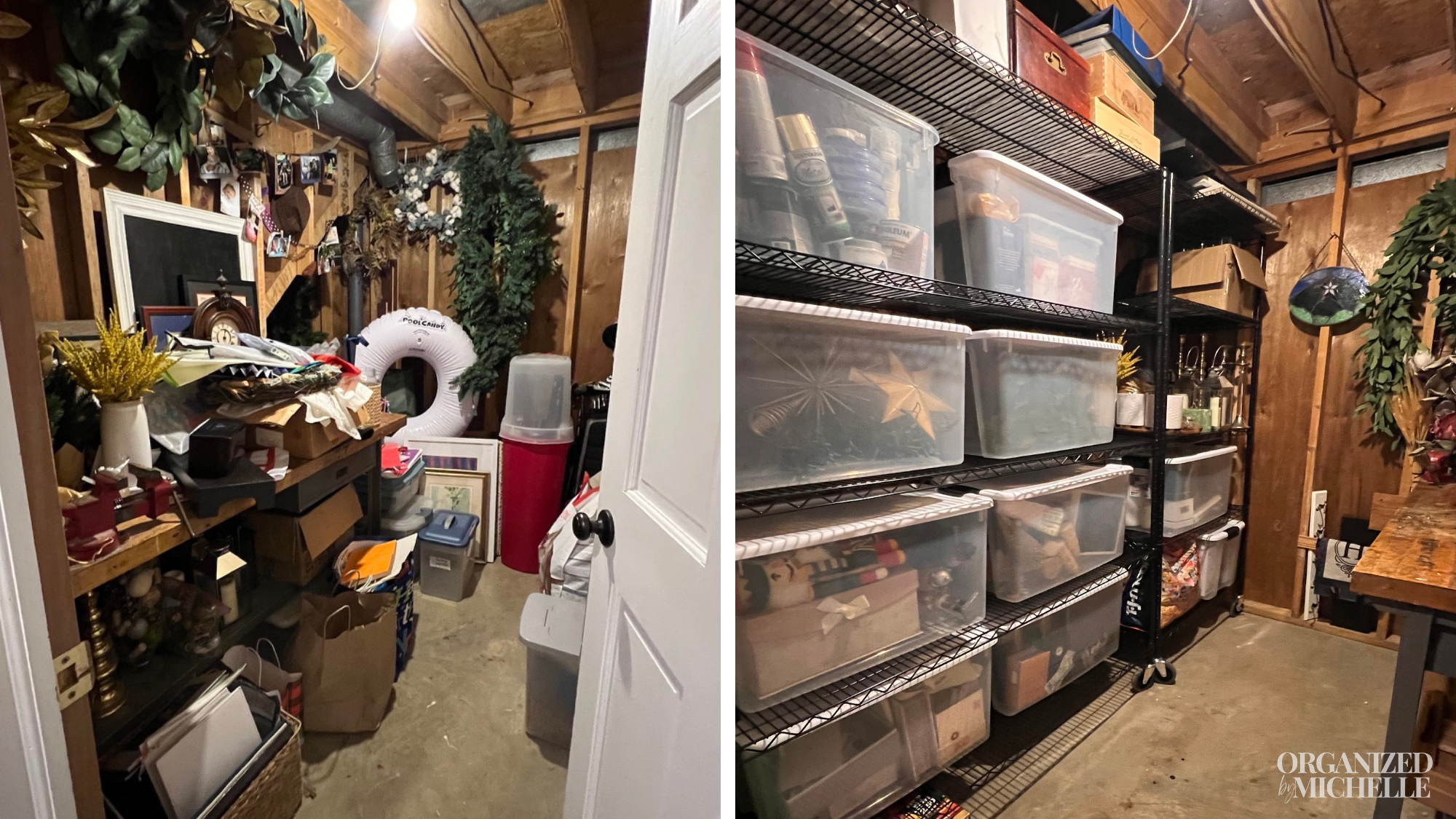 Before-and-after basement storage organization by Organized by Michelle, using clear bins and shelving to organize belongings.