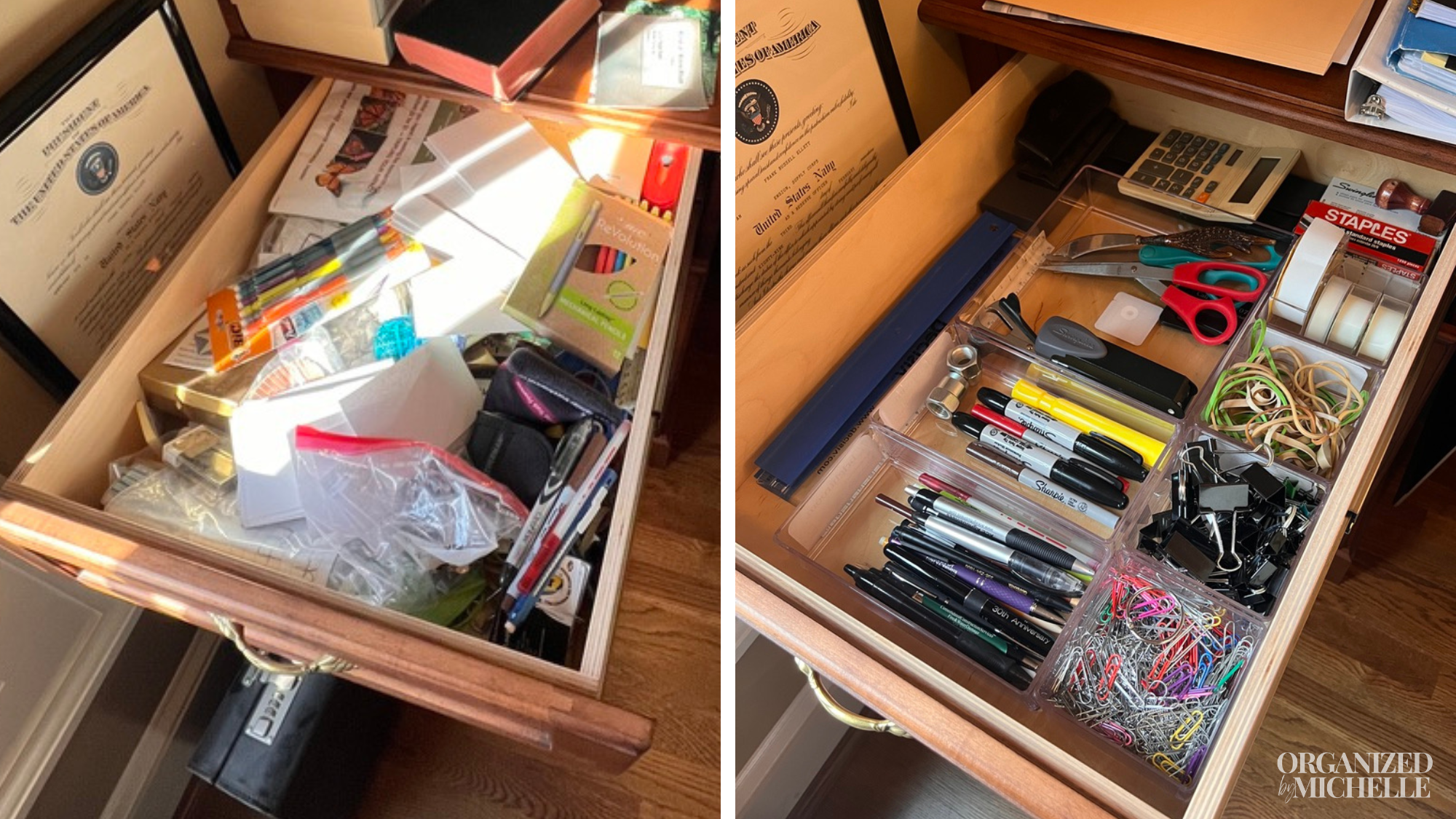 Before-and-after office supply drawer organization by Organized by Michelle, with pens, markers, and supplies neatly sorted.