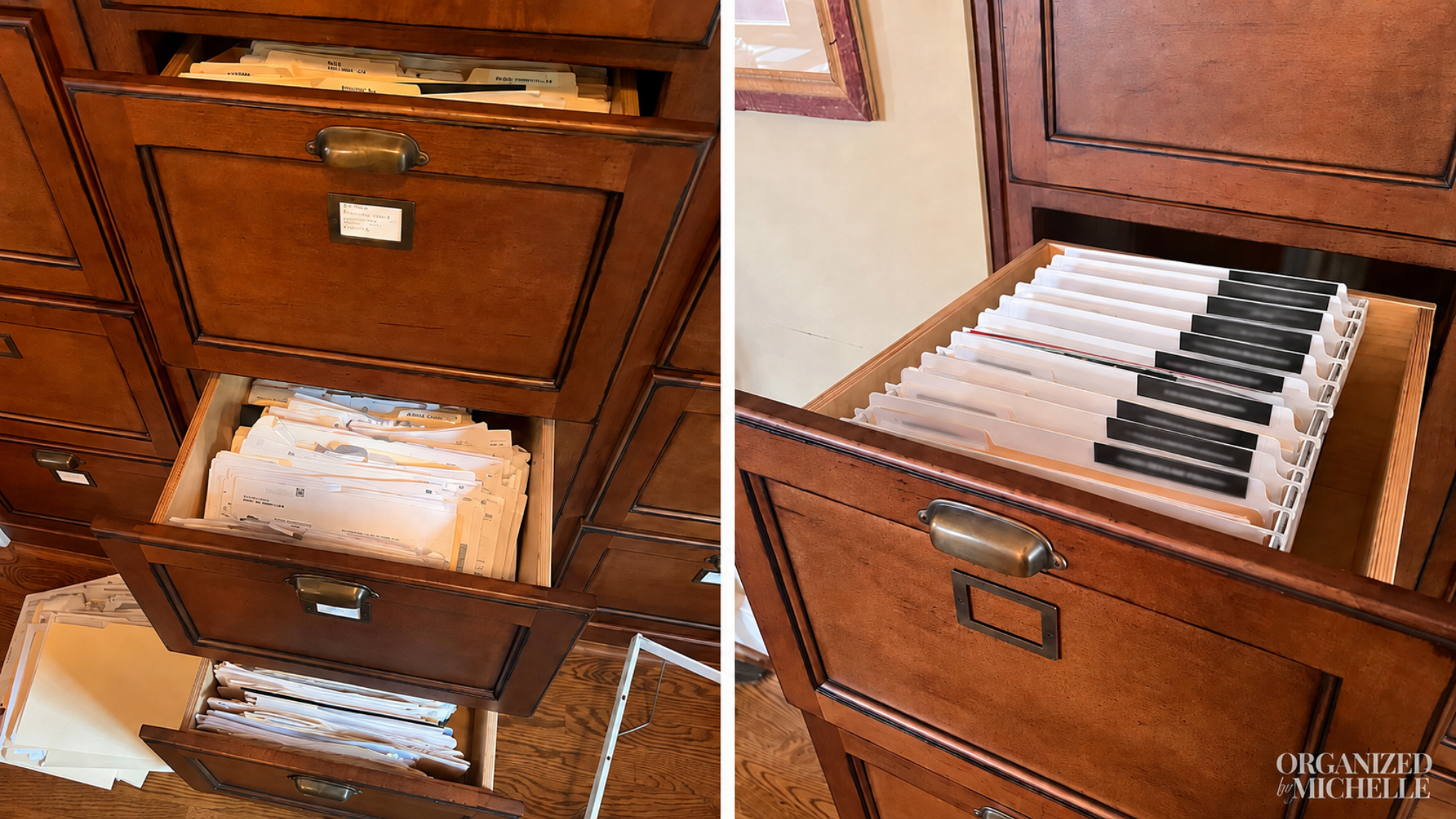 Before-and-after filing cabinet organization by Organized by Michelle, with papers and documents neatly arranged.