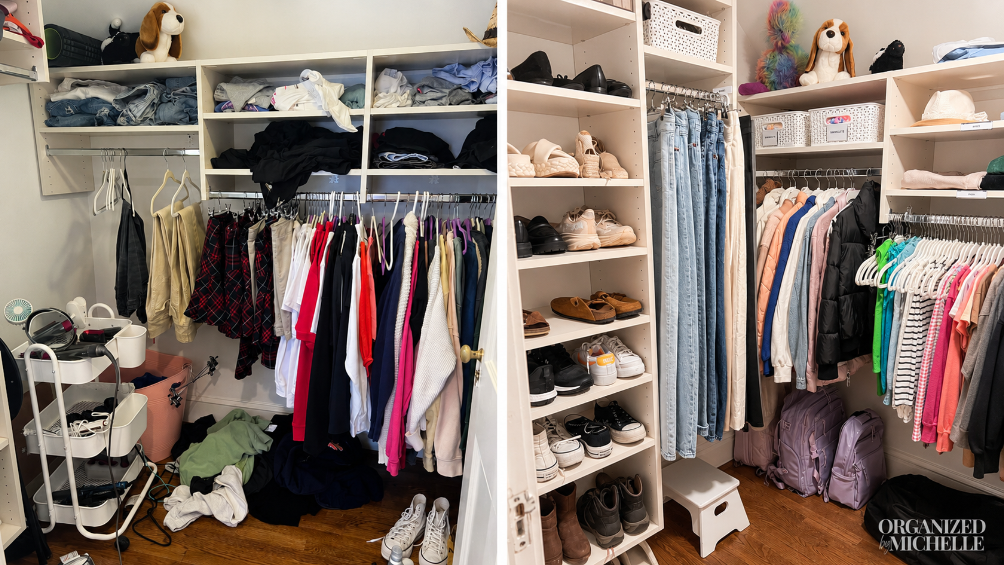 Before-and-after bedroom closet organization by Organized by Michelle, with clothing, shoes, and shelving organized.