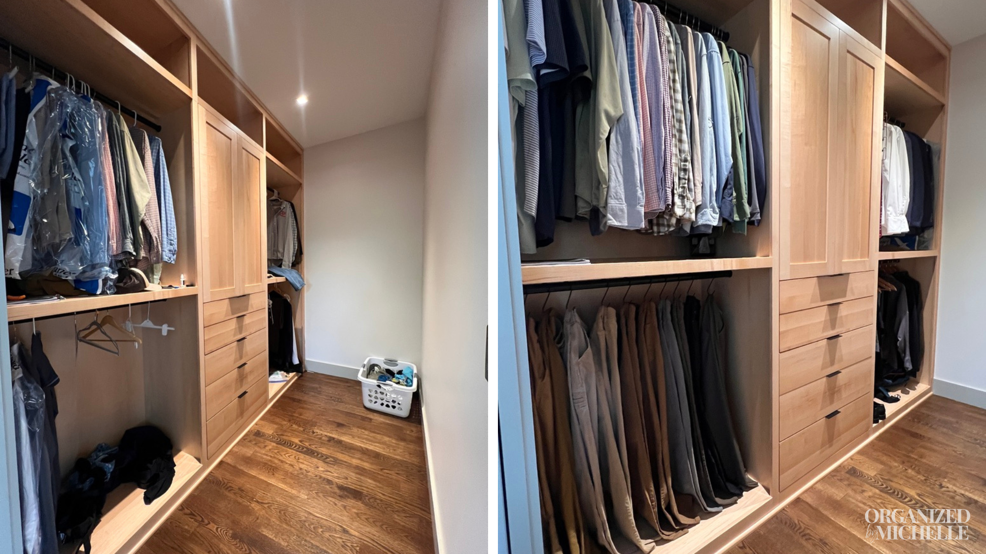 Before-and-after custom closet organization by Organized by Michelle, with clothing neatly arranged by category.