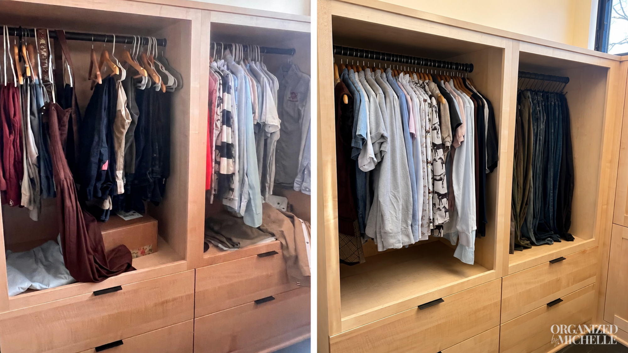 Before-and-after wardrobe organization by Organized by Michelle, with shirts and pants neatly arranged on hangers.