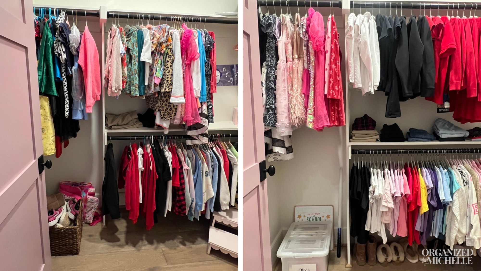 Before-and-after clothing closet organization by Organized by Michelle, with garments sorted and neatly spaced.