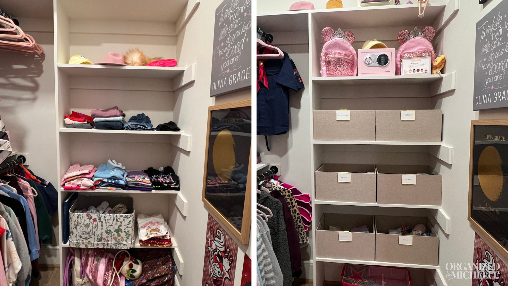 Before-and-after kid's closet shelving organization by Organized by Michelle, with folded clothing and storage bins neatly arranged.