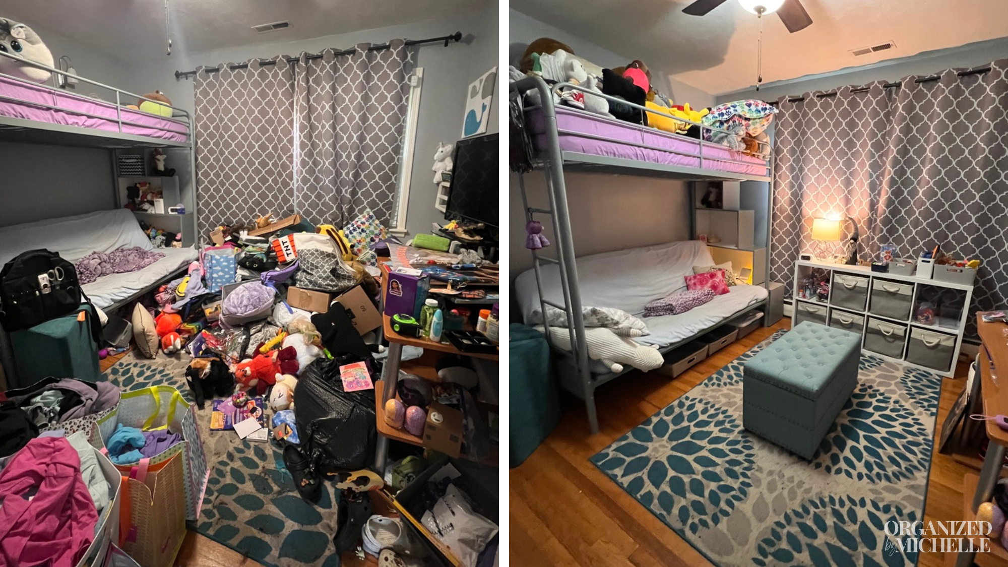 Before-and-after kid's bedroom organization by Organized by Michelle, with clutter cleared and belongings organized.