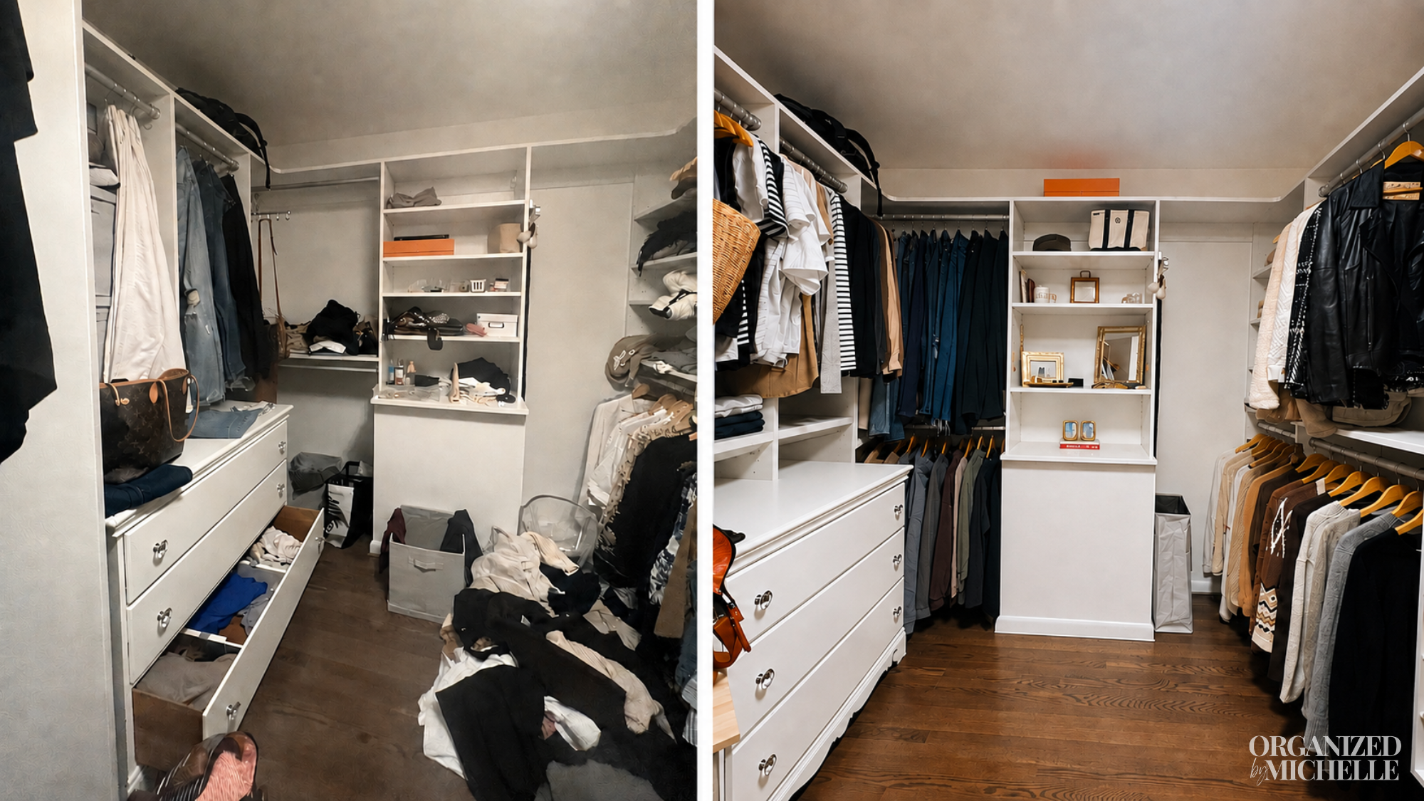 Before-and-after walk-in closet organization by Organized by Michelle, with clothing, drawers, and shelves neatly arranged.