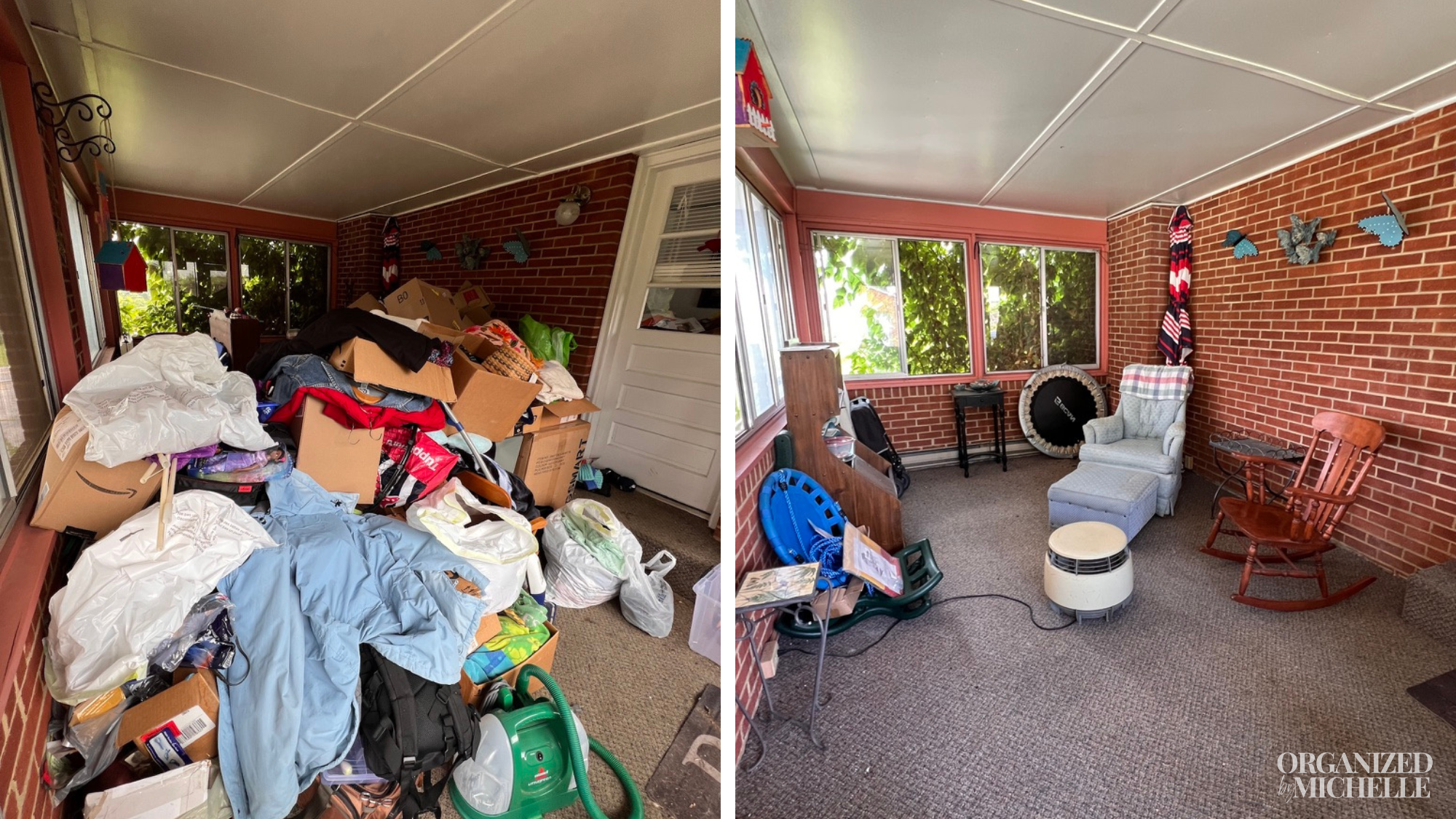 Before-and-after sunroom decluttering by Organized by Michelle, transforming a cluttered space into an open and functional room.