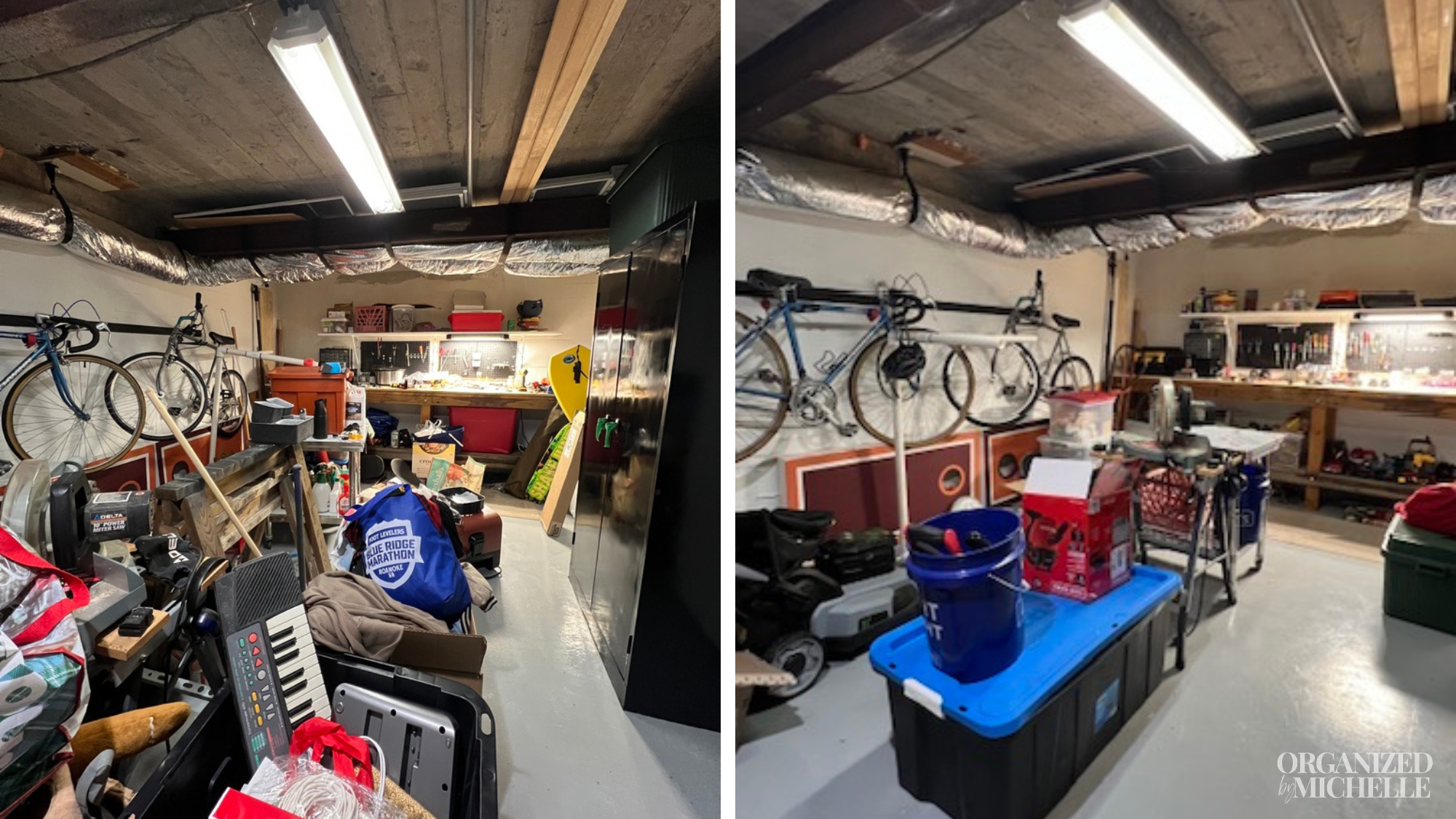 Before-and-after garage organization by Organized by Michelle, with tools, bicycles, bins, and equipment neatly stored.