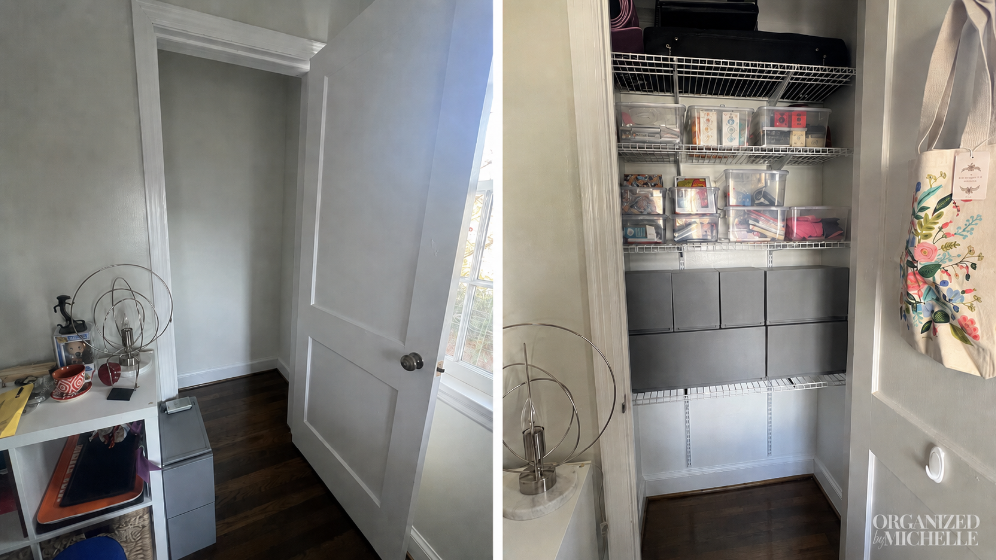 Before-and-after small office closet organization by Organized by Michelle, with shelving and storage bins creating a functional system.