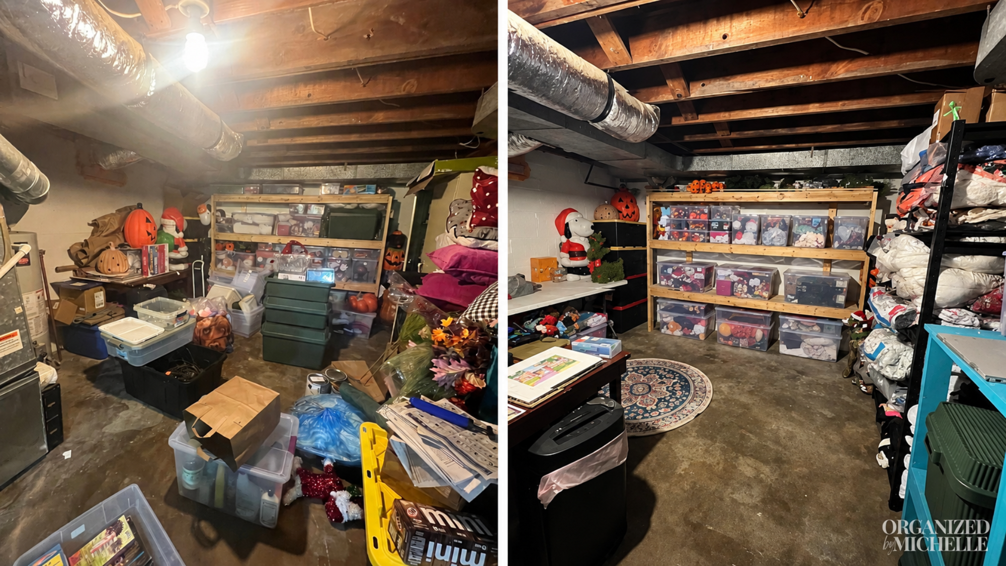 Before-and-after basement storage organization by Organized by Michelle, with seasonal decorations arranged on shelving and in bins.