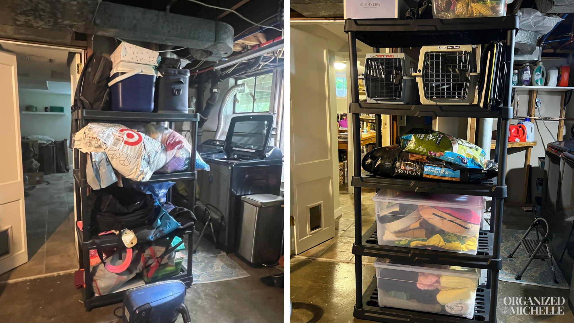 Before-and-after basement shelving organization by Organized by Michelle, with seasonal items stored in clear containers.