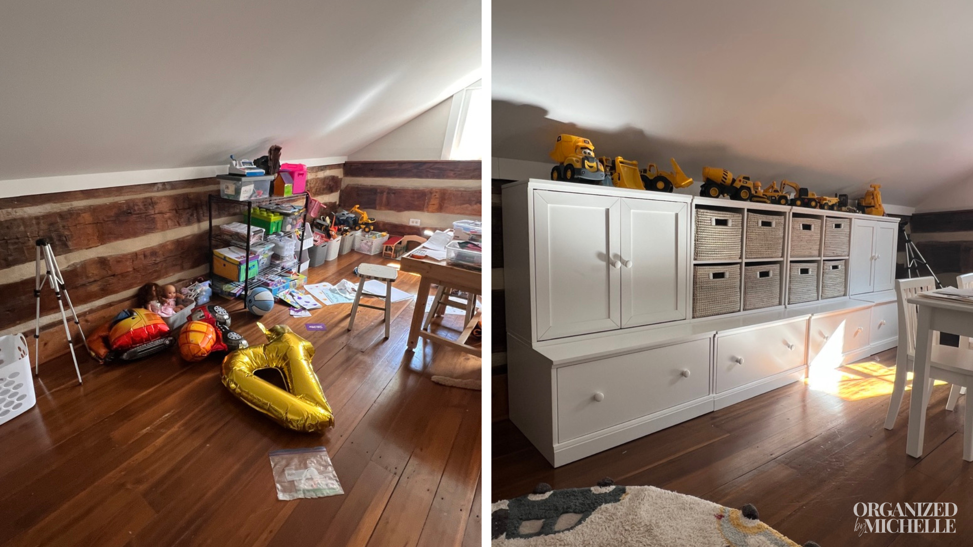 Before-and-after kid's playroom organization by Organized by Michelle, with clutter cleared and storage cabinetry made easier to access.