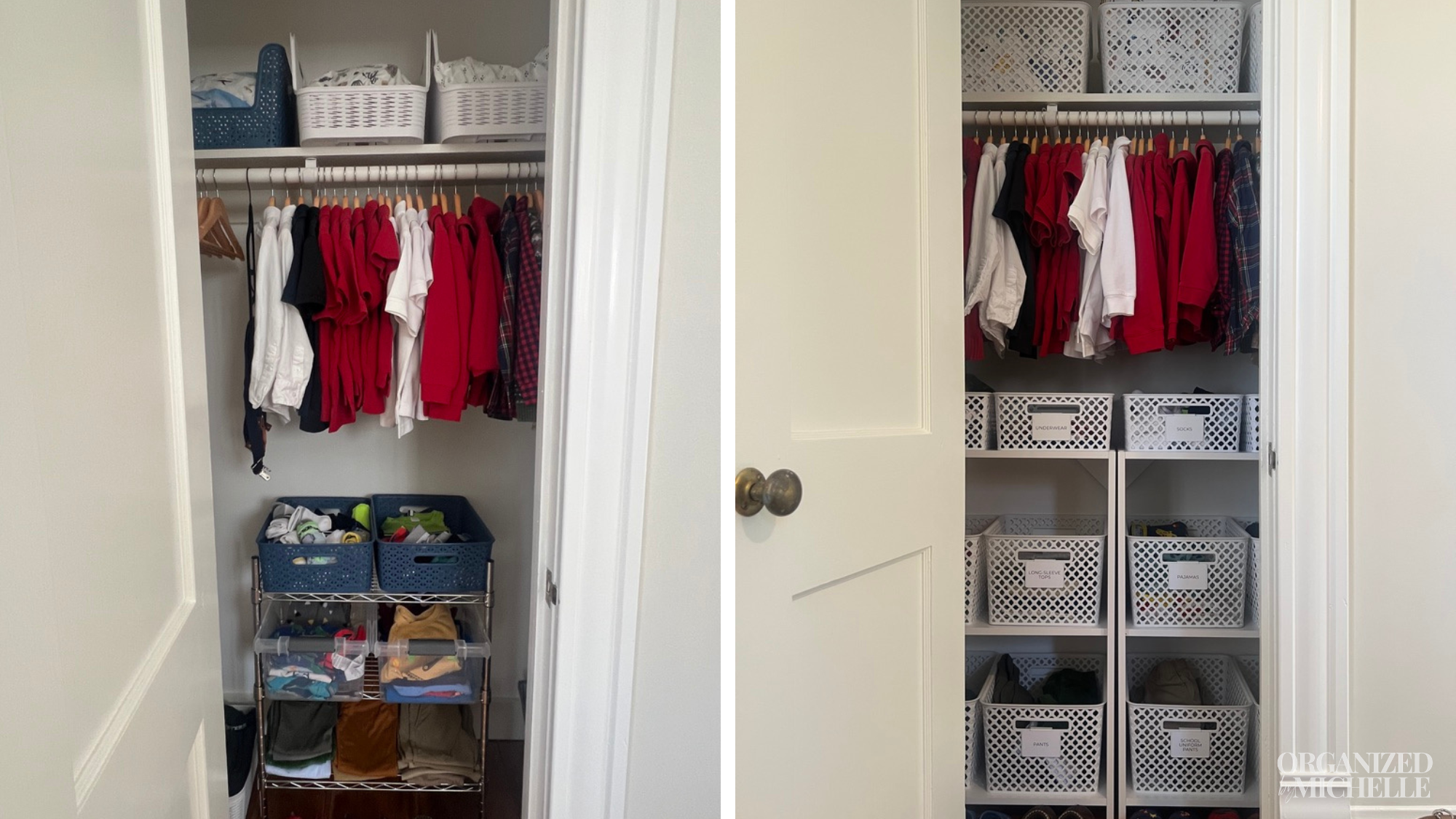 Before-and-after kid's small closet organization by Organized by Michelle, with clothing and storage bins neatly arranged.