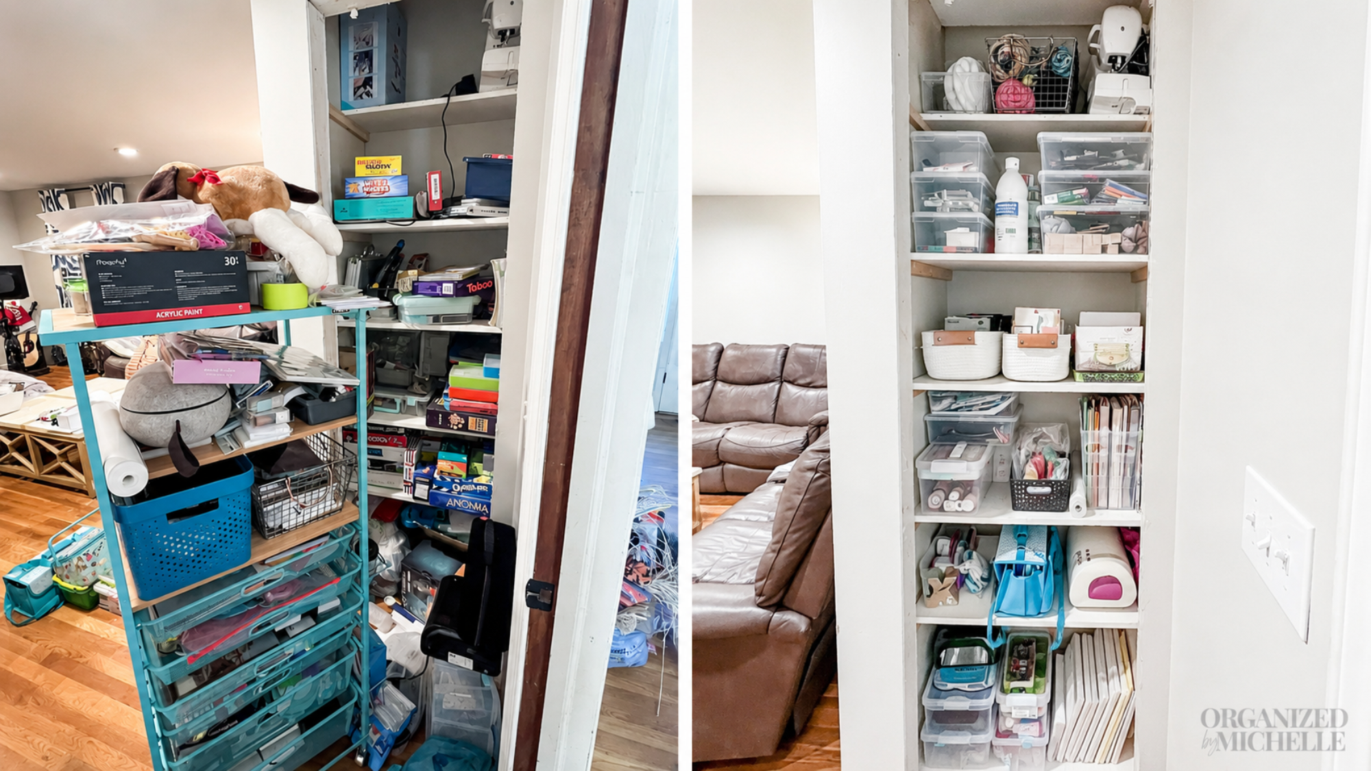 Before-and-after pantry organization by Organized by Michelle, with food, containers, and household supplies sorted on shelves.