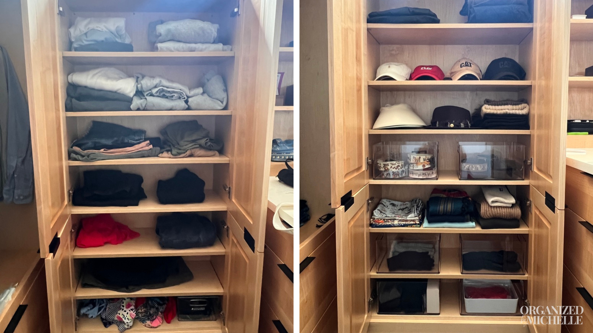 Before-and-after closet shelf organization by Organized by Michelle, with clothes and accessories neatly arranged on shelving.