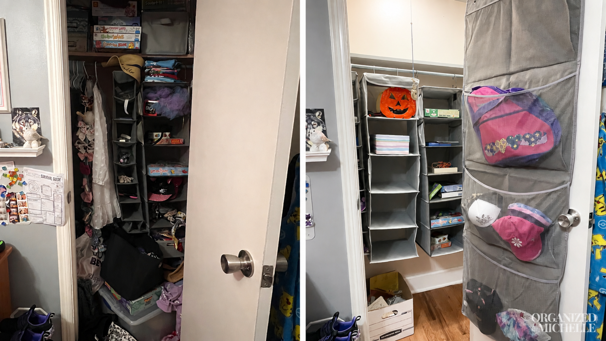 Before-and-after kid's closet organization by Organized by Michelle, with hanging storage and accessories neatly arranged.
