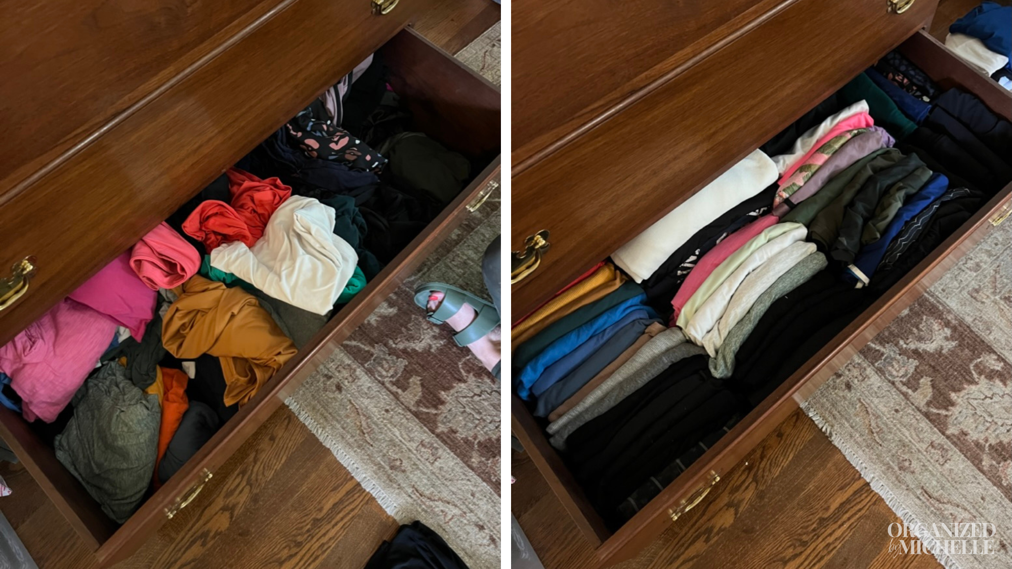 Before-and-after clothing drawer organization by Organized by Michelle, with folded clothes sorted neatly by color.