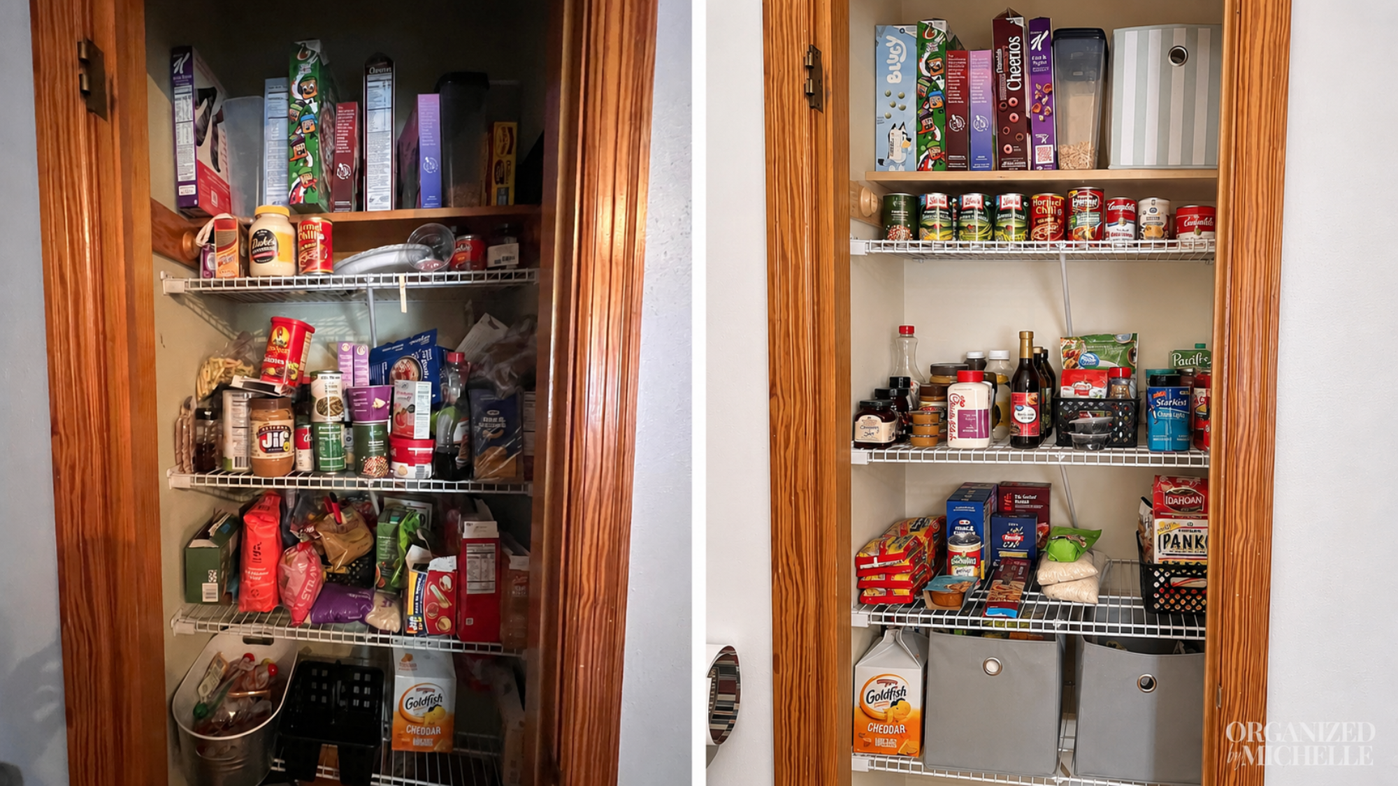 Before-and-after pantry organization by Organized by Michelle, with food grouped by category on shelving.