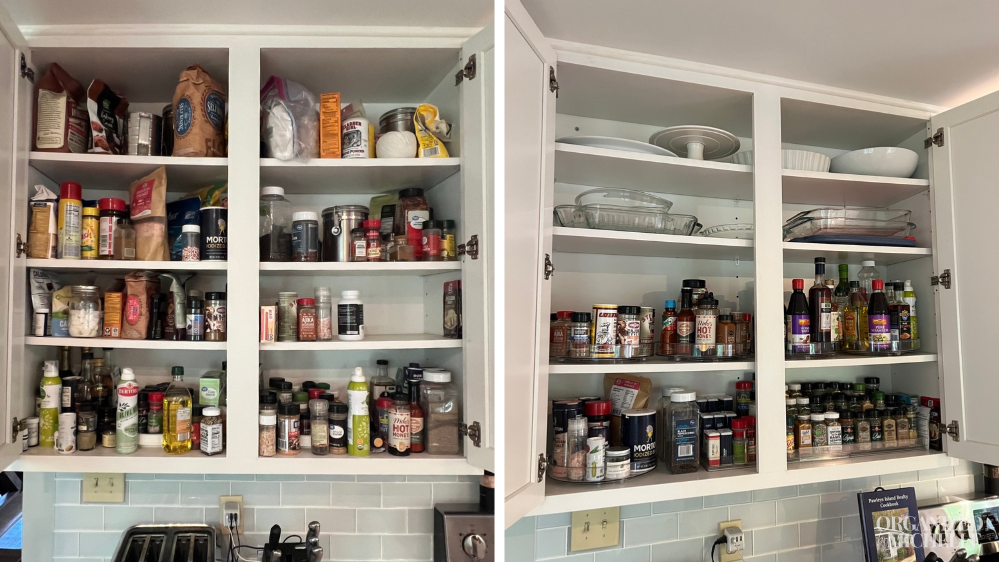 Before-and-after pantry organization by Organized by Michelle, with canned goods, dry foods, and snacks neatly arranged.
