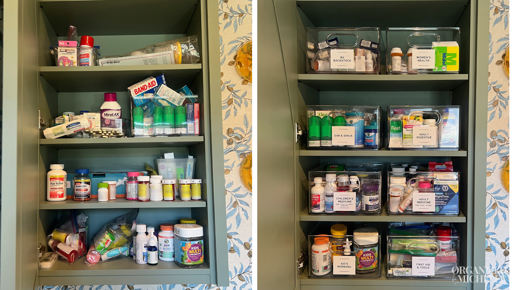 Before-and-after household medicine closet organization by Organized by Michelle, with first aid and supplement products grouped together.