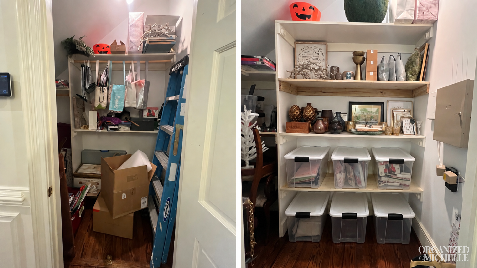 Before-and-after storage closet organization by Organized by Michelle, with household supplies arranged on shelving and in bins.