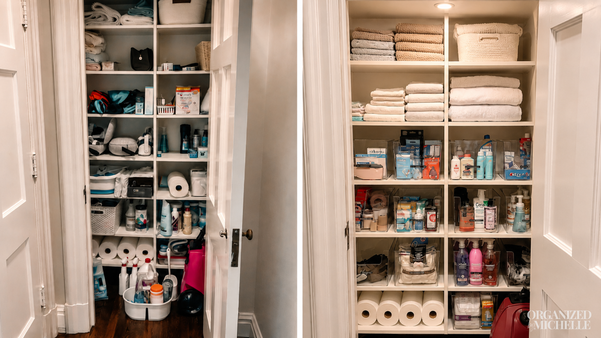 Before-and-after large linen closet organization by Organized by Michelle, with bathroom and cleaning supplies grouped into organized zones.