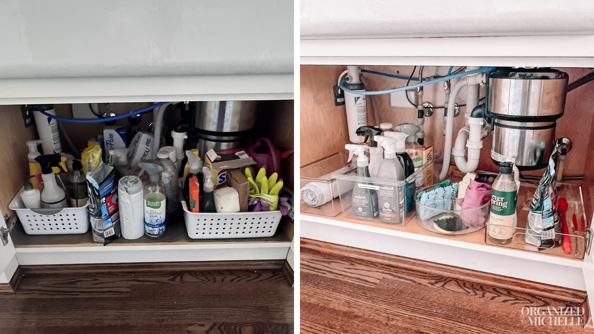Before-and-after under kitchen sink storage organization by Organized by Michelle, with frequently used items neatly arranged for easier access.