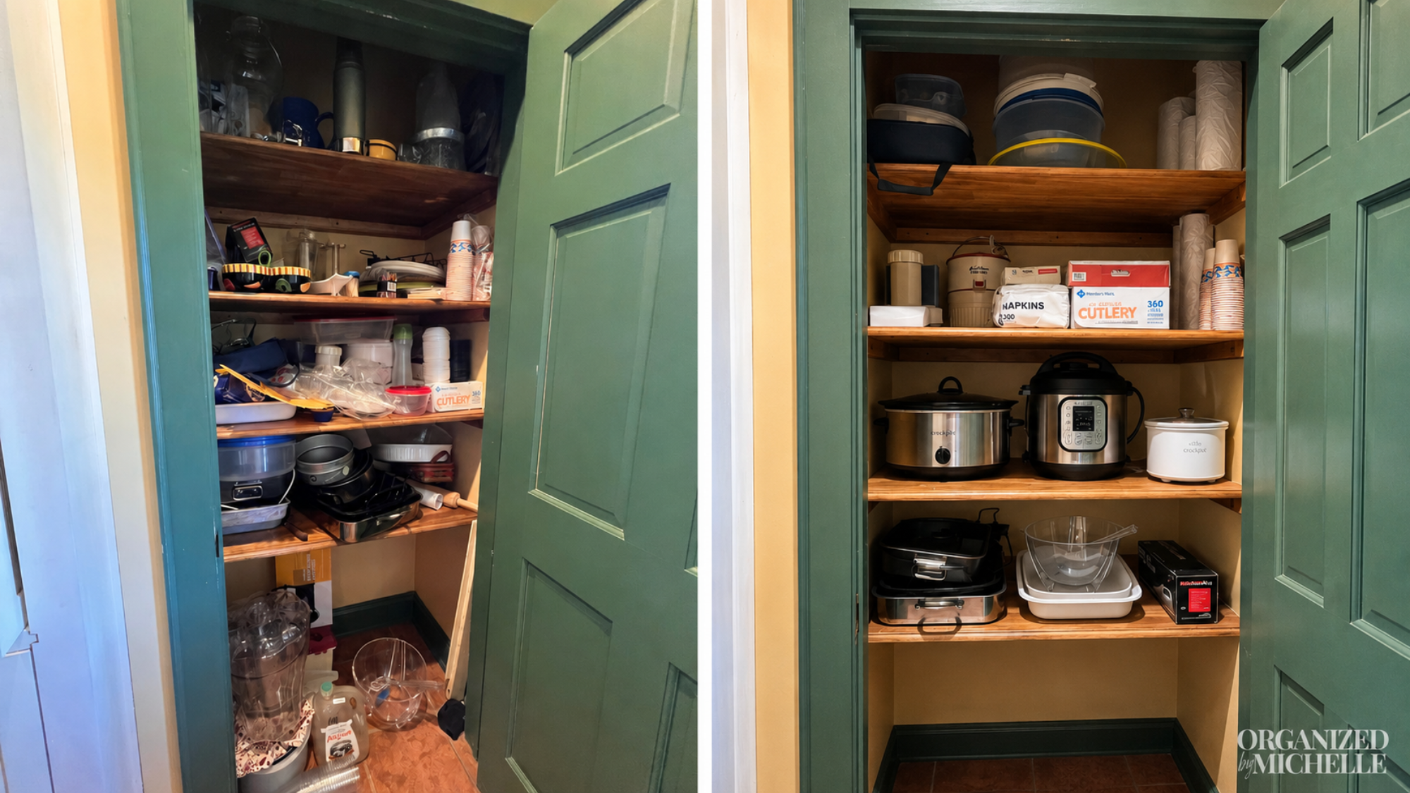Before-and-after kitchen pantry organization by Organized by Michelle, with food and appliances neatly arranged inside green cabinetry.