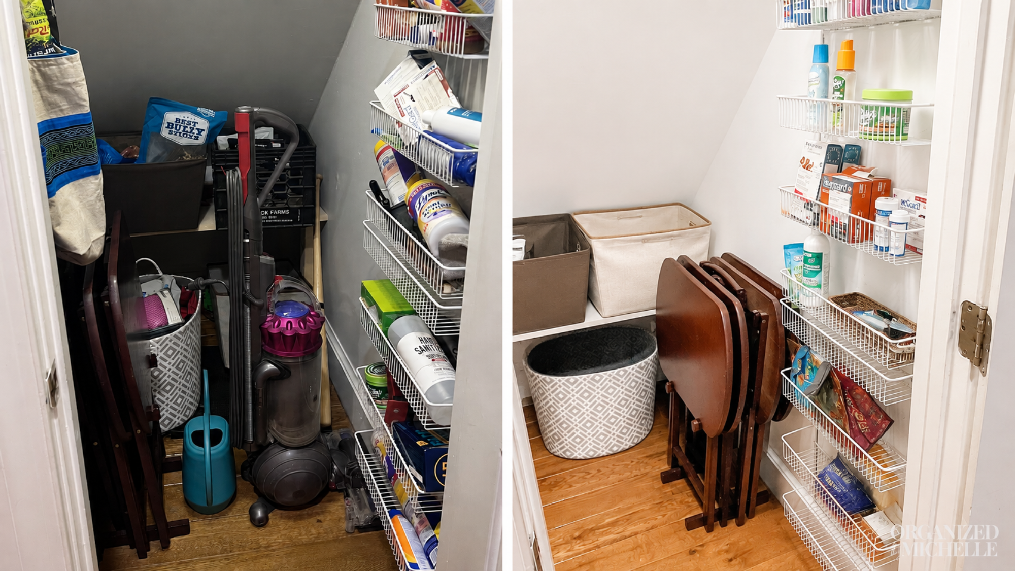 Before-and-after utility storage organization by Organized by Michelle, with household items cleared and arranged for easier access.