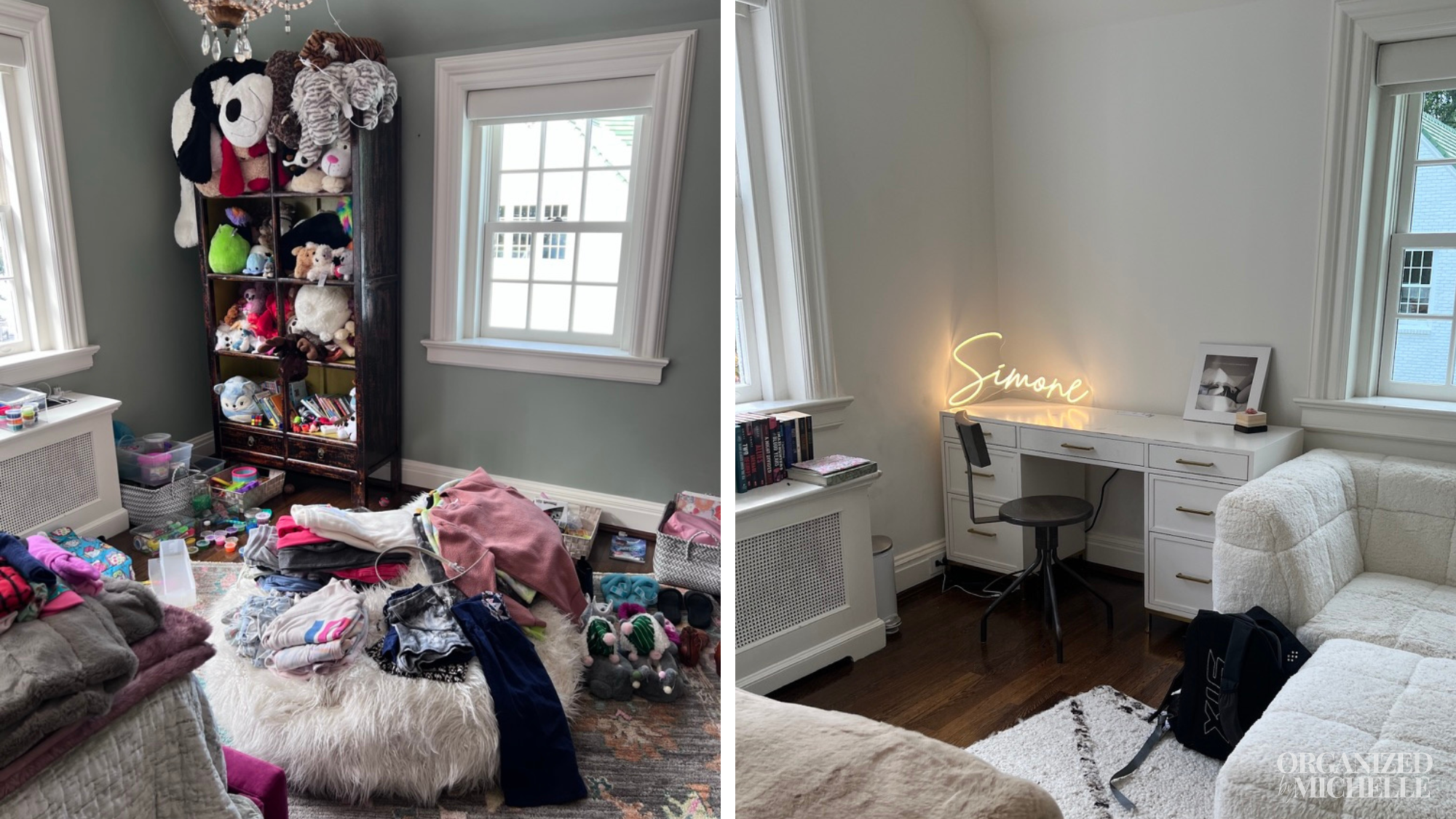 Before-and-after kid's bedroom decluttering by Organized by Michelle, with clothing and belongings cleared to create an organized room.