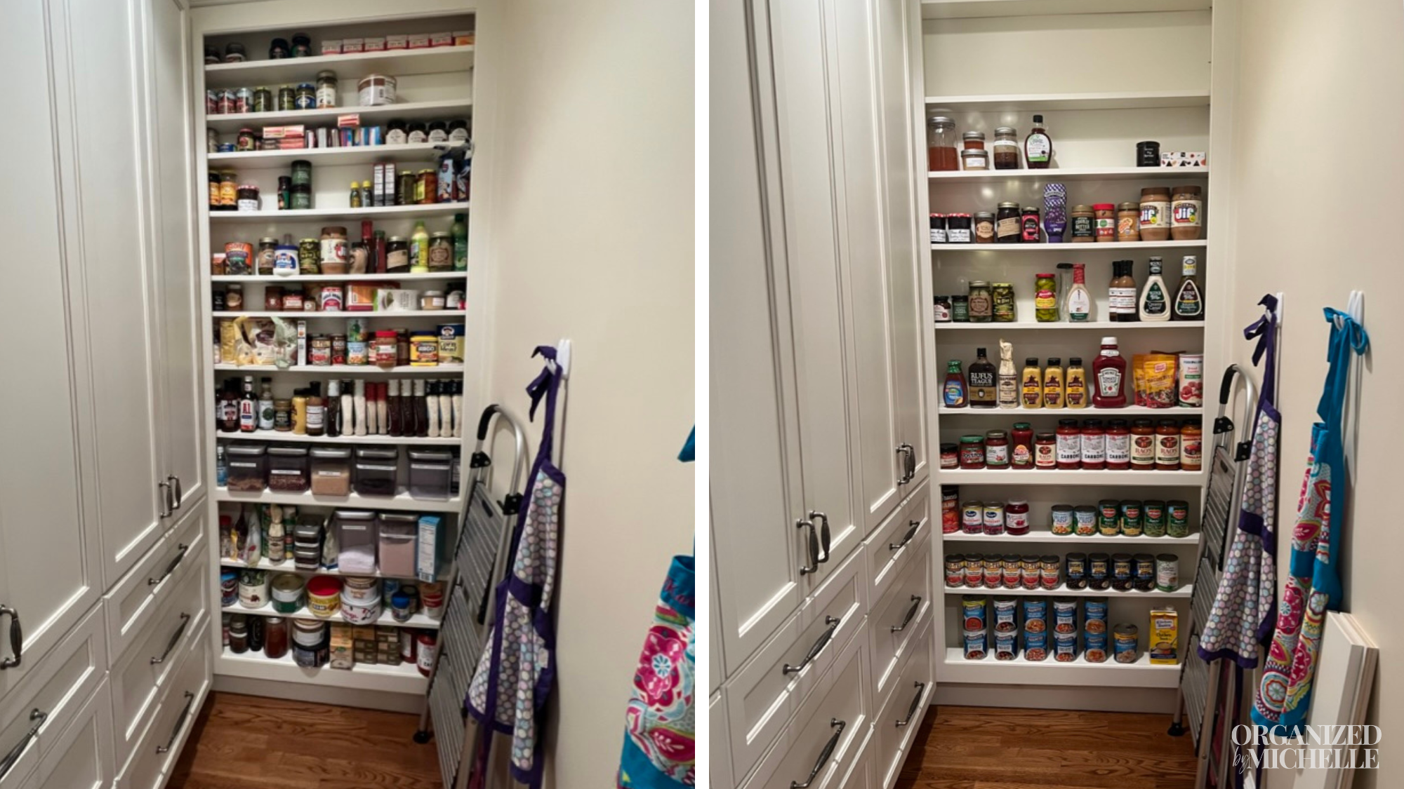Before-and-after pantry organization by Organized by Michelle, with spices, canned goods, and pantry staples neatly arranged.
