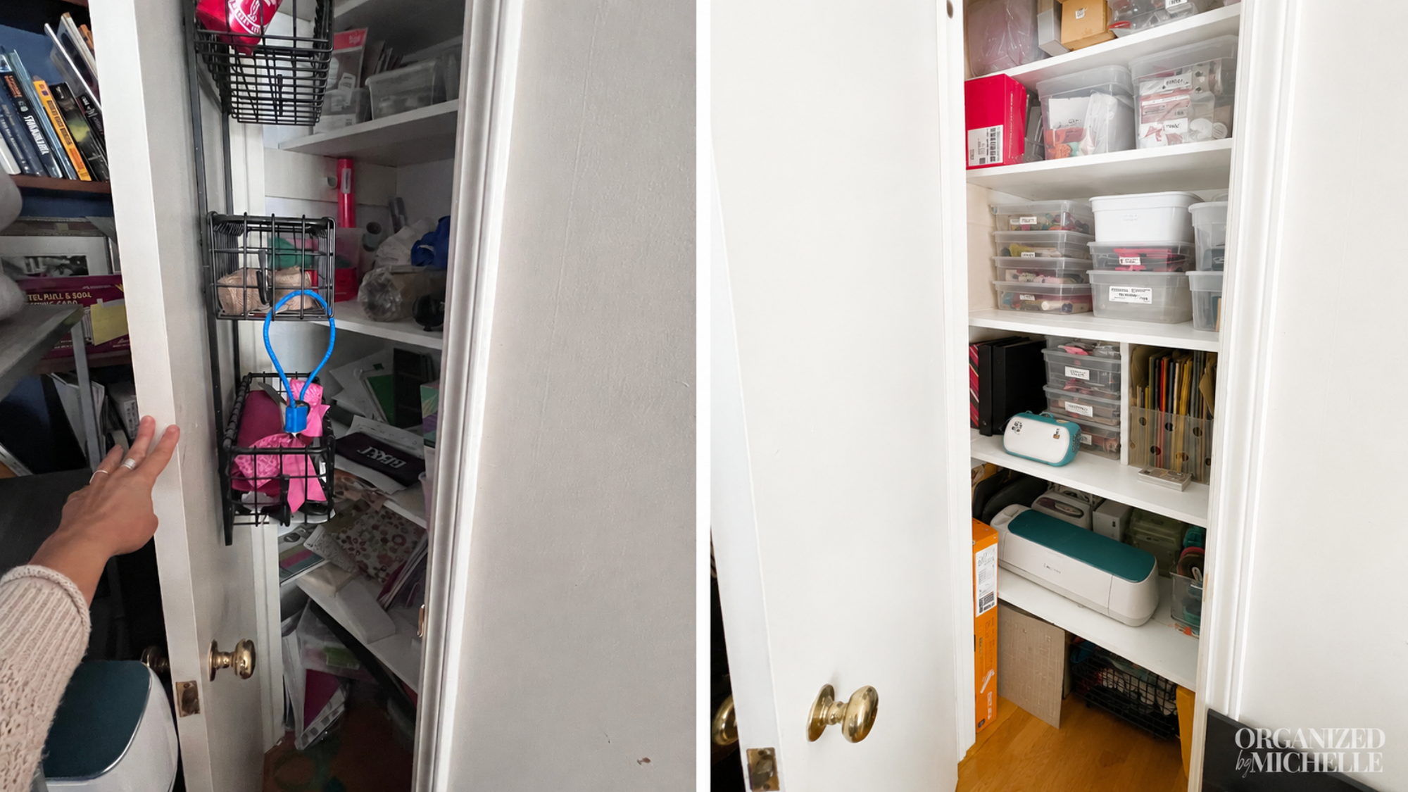 Before-and-after small craft room closet organization by Organized by Michelle, with crafts and office items organized on shelves.