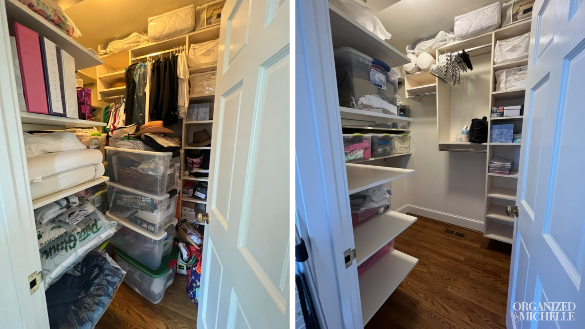 Before-and-after walk-in closet organization by Organized by Michelle, with shelves, clothing, and accessories arranged into functional zones.
