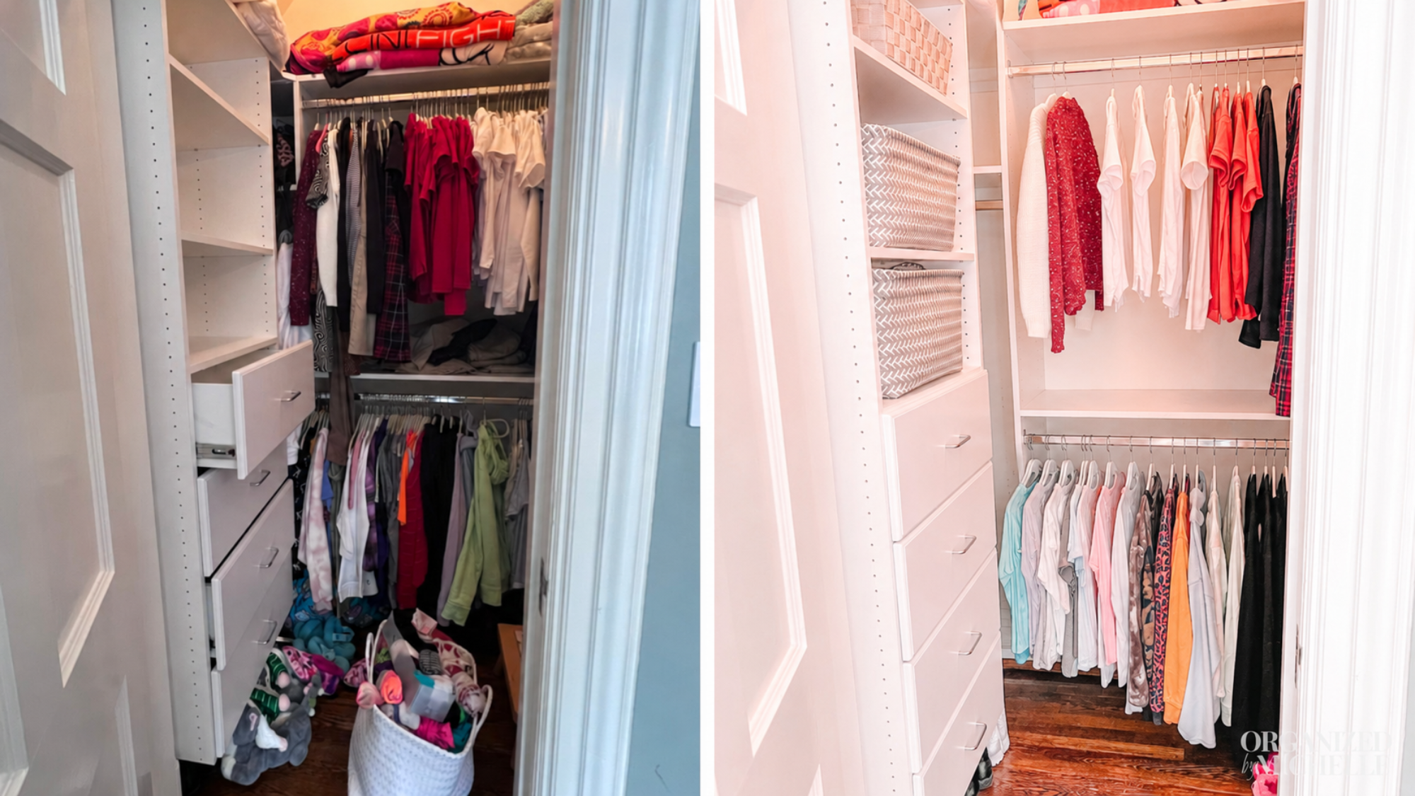 Before-and-after kid's closet organization by Organized by Michelle, with clothing grouped by color and evenly spaced on hangers.